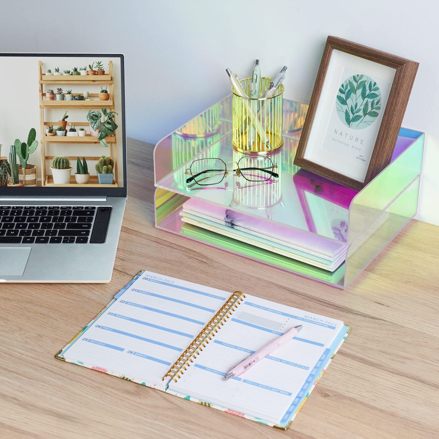 NiOffice Acrylic Letter Tray 2-Tier Iridescent Stackable Desk Paper Tray Organizer and Office Accessories Supplies, Rainbow Letter Size Desk Accessories Storage Organization (Portrait)