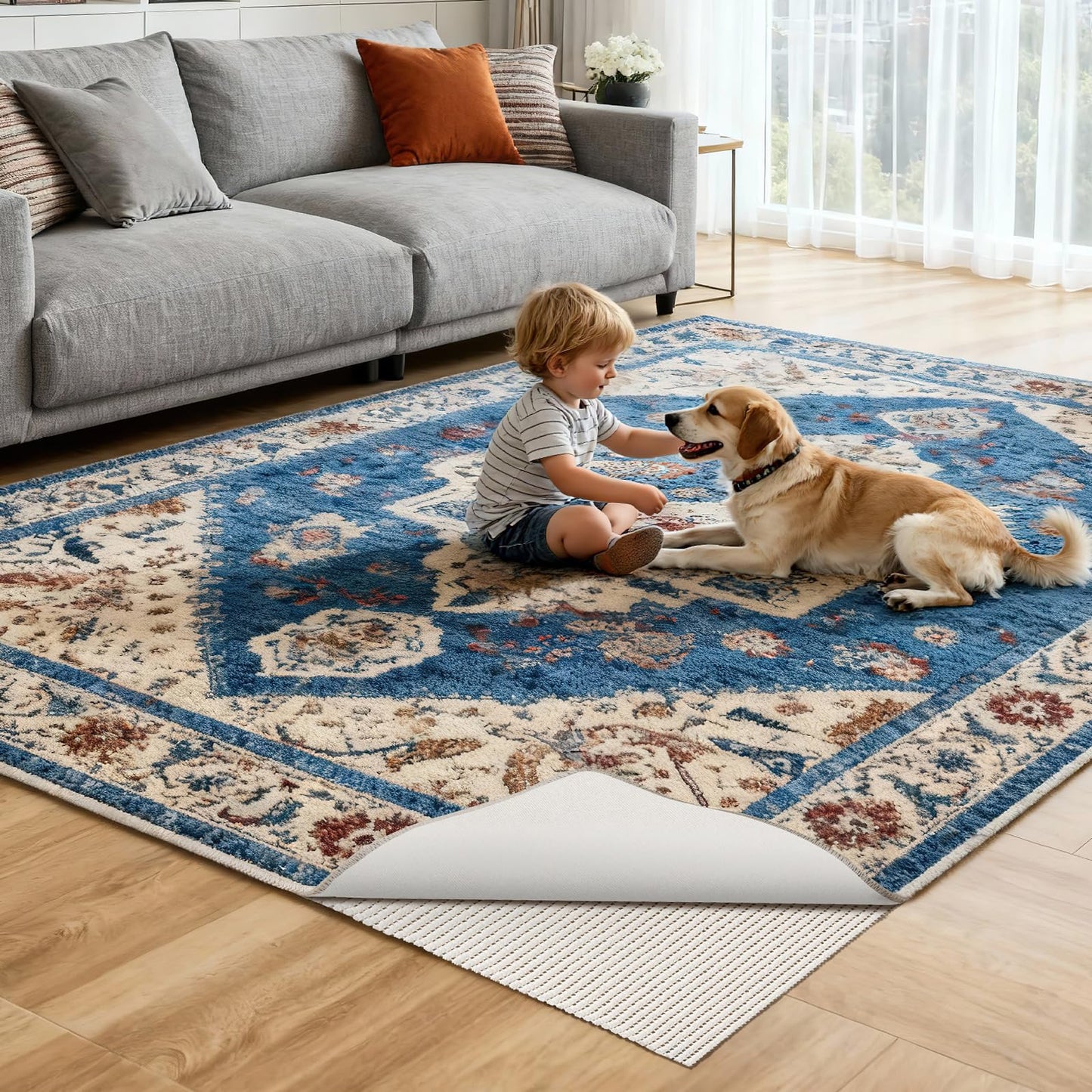 Songrey Non-Slip Rug Pad 9x12 FT, Extra Thick Carpet Pads for Hard Surfaces, Prevents Sliding and Secures Rugs, Provides Floor Protection with Comfort Cushioning