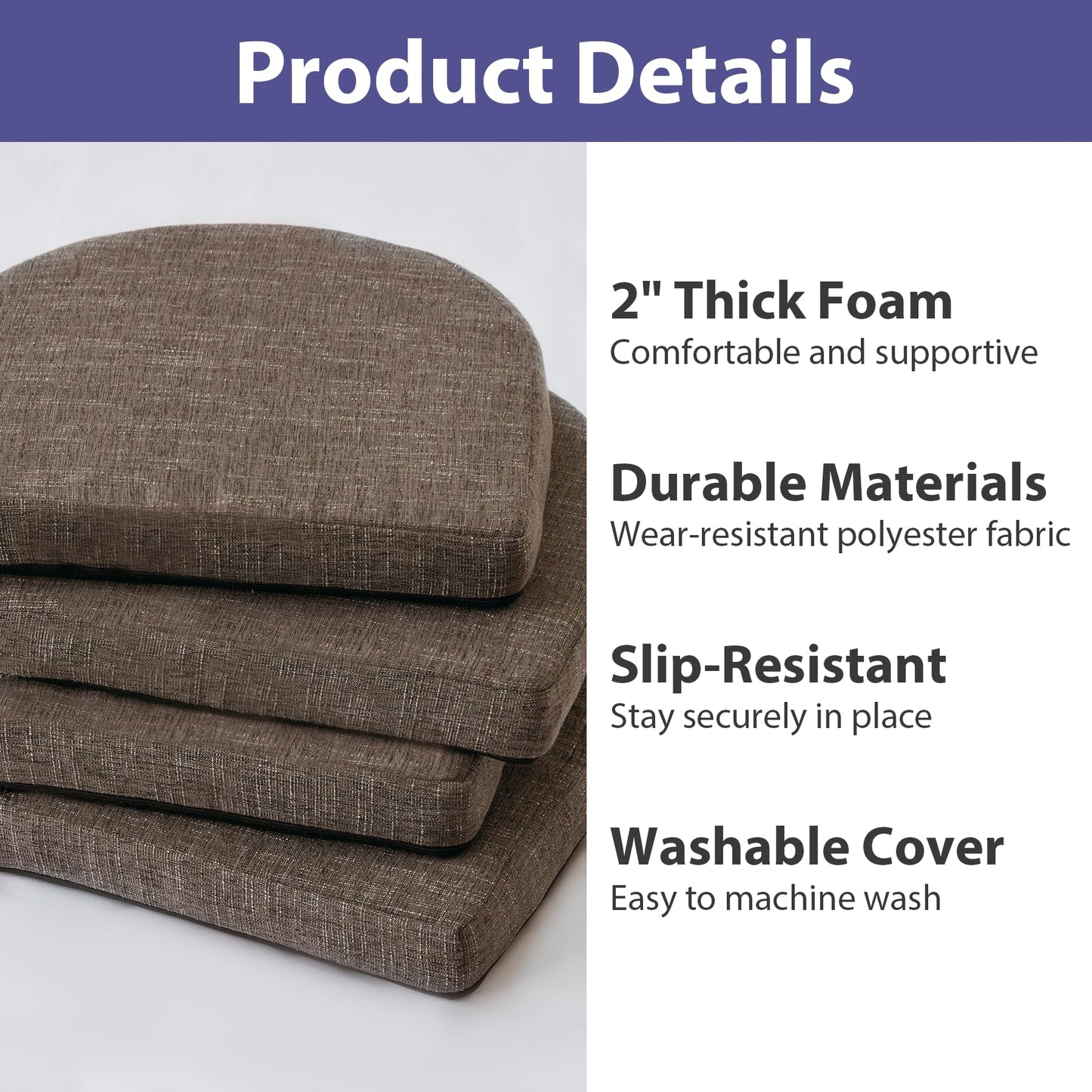 IPYNBAP Chair Cushions for Dining Chairs with Ties and Removable Cover, Dining Kitchen Chair Pads with Non-Slip Bottom, High-Resilience Indoor Seat Cushions, 16'' x 16'' x 2'', Set of 4, Brown