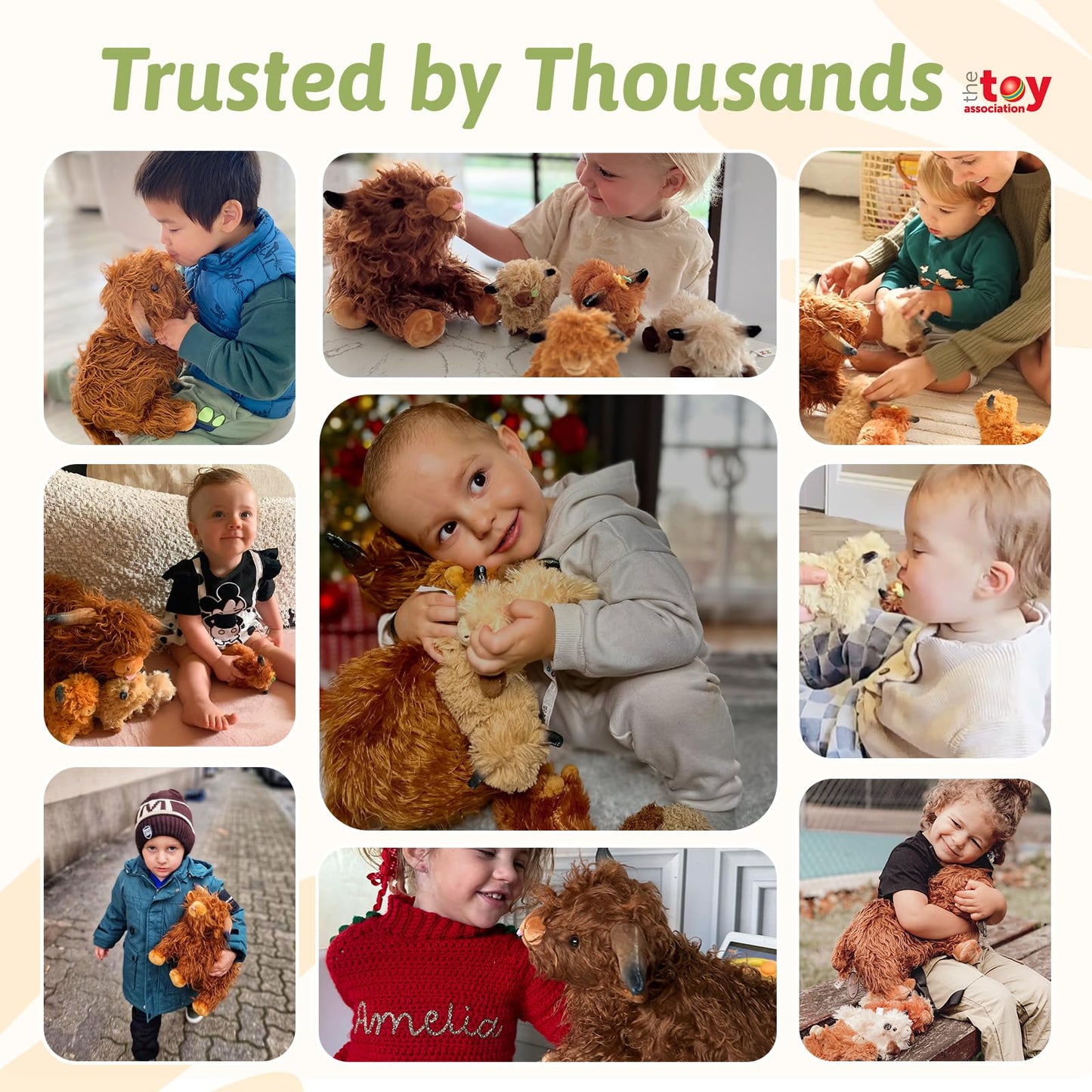 OUOZZZ Highland Cow Stuffed Animal – Large Realistic Fluffy Cow Plush Toy with 4 Baby Calves – Special Furry Material – Travel-Friendly & Portable Gift for Baby Girls, Boys, Toddlers & Kids 14.5"