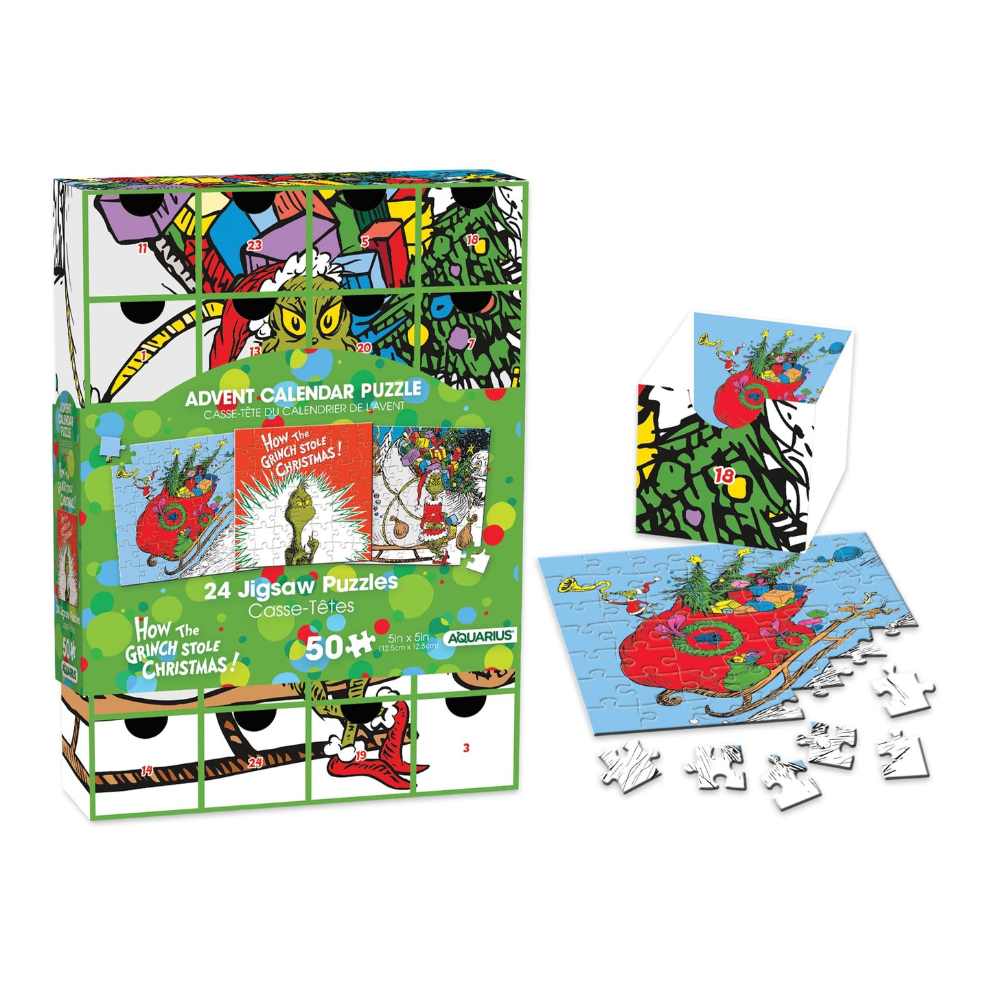 AQUARIUS Grinch Christmas Advent Calendar Puzzle Set (24 Jigsaw Puzzles / 50 Pieces Each) Officially Licensed Dr Seuss Merchandise & Collectibles -5x5 Inches