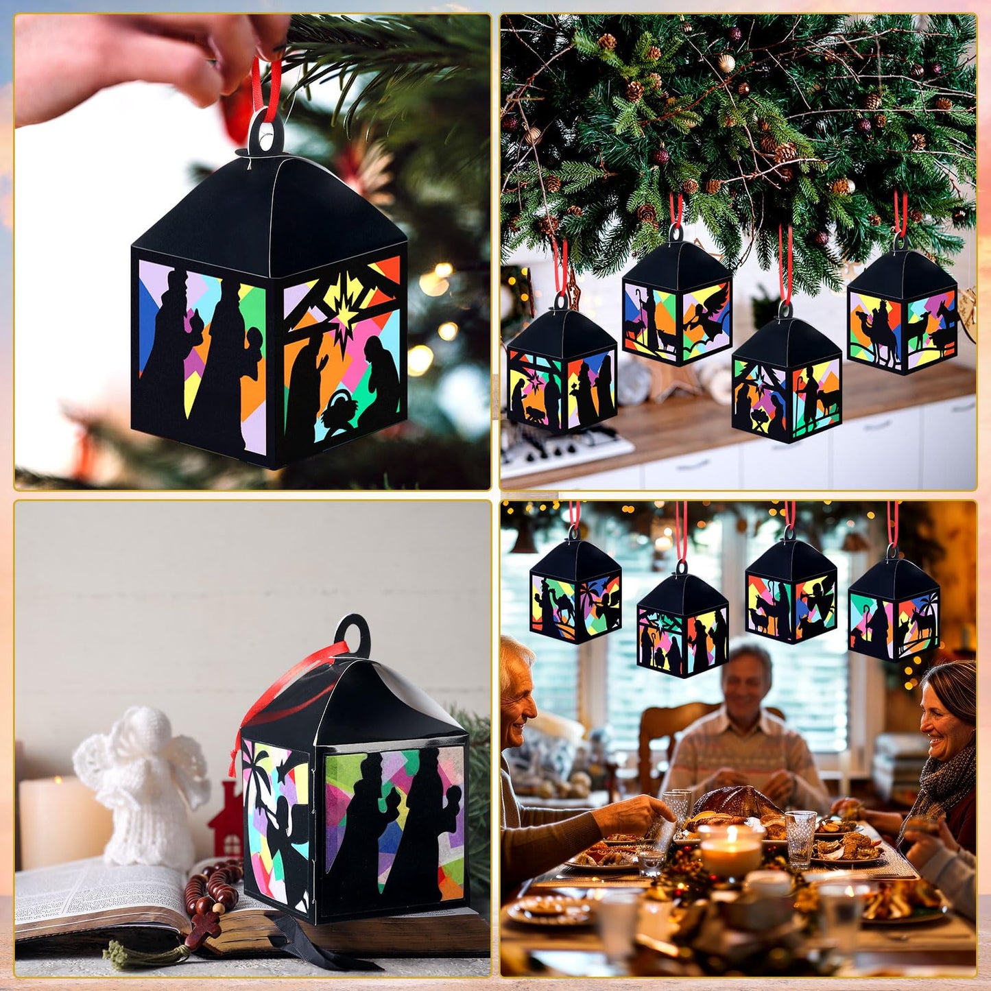 Gersoniel 24 Set Christmas Nativity Suncatchers Tissue Paper Craft Kits Religious Lantern Craft Bulk Dly Nativity Silhouette Hanging Ornament for Christmas Home Activity Sunday School Crafts