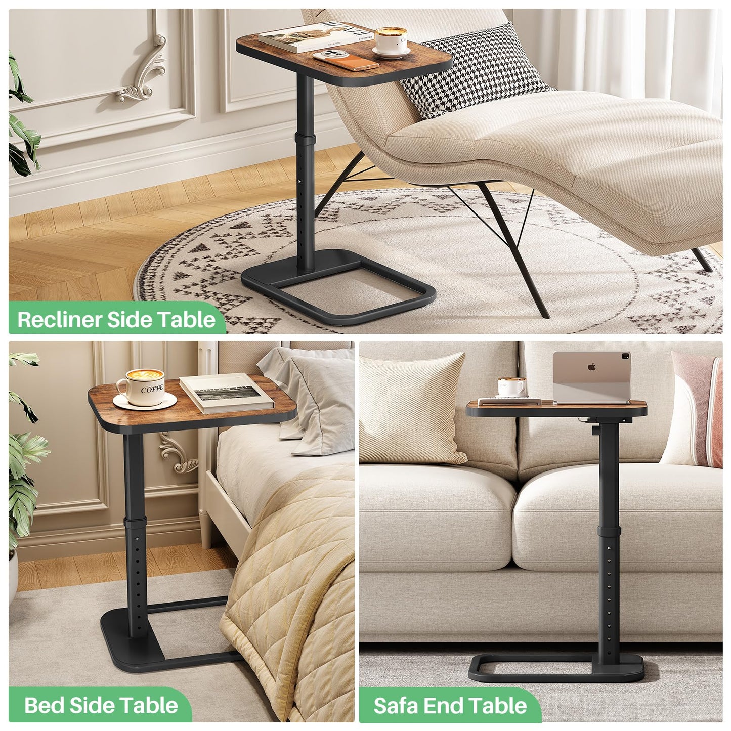 Kitstorack Upgraded TV Tray Table with Panel Lock, 90° Flip-Over Design & Adjustable Height, Sofa Arm Side Table for Eating, Laptop, Couch, Bed, or Small Spaces, Brown