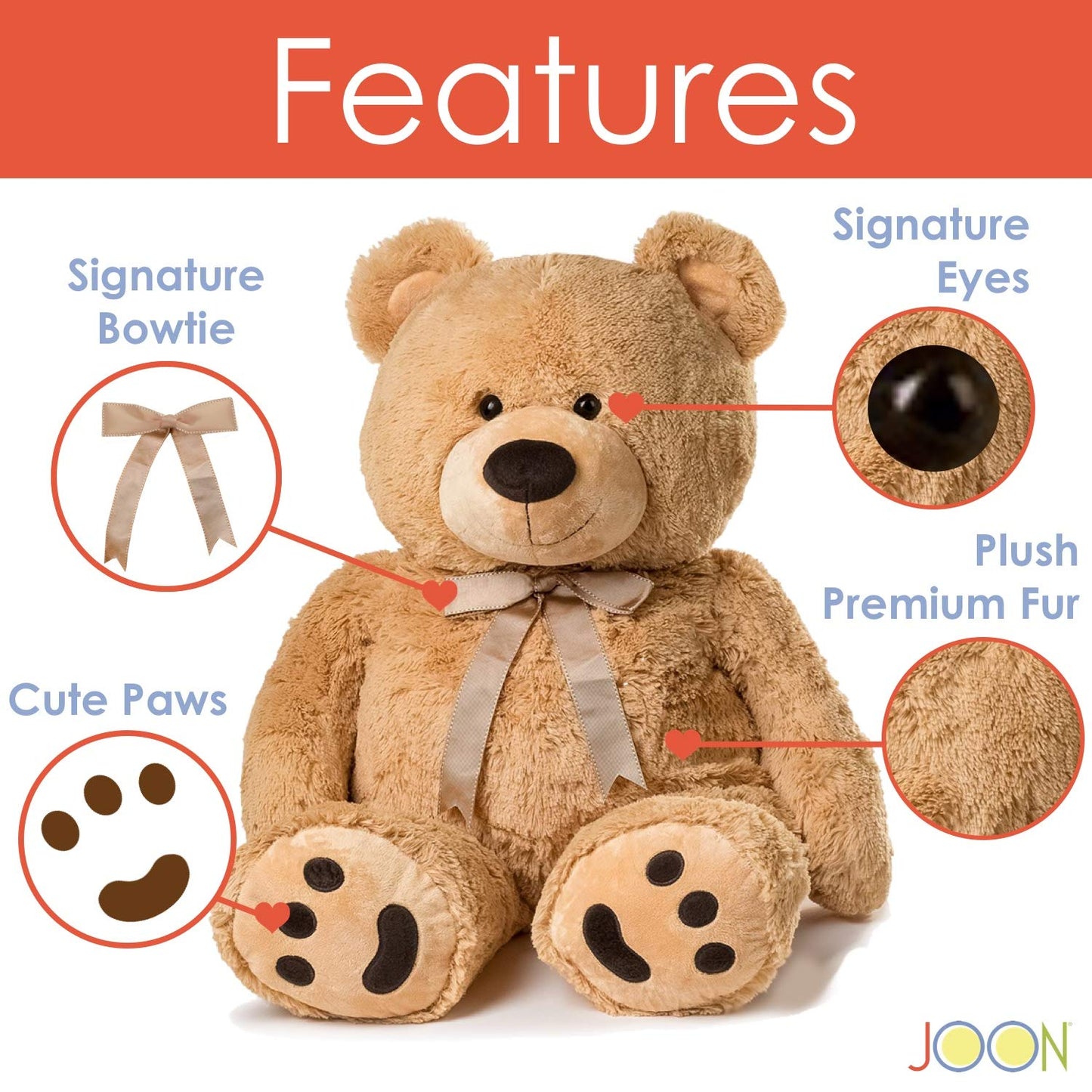 JOON Huge Teddy Bear - 38 Inches, Tan, Fluffy Faux Fur, Ribbon & Bow Signature Footprints- Huggable & Lovable Joy - Ideal Gift for Baby Showers, Loved Ones – Perfect Large Cuddly Plush Toy Companion