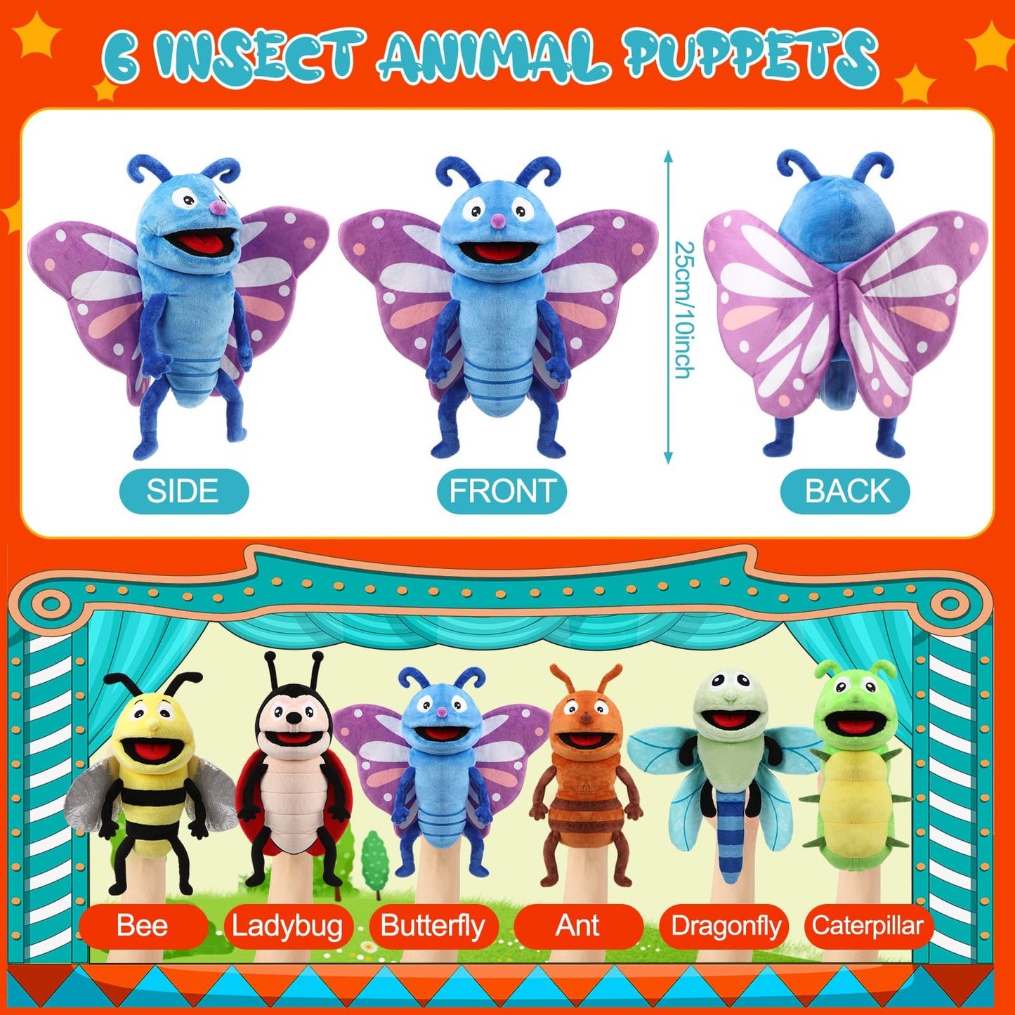 Lenwen 6 Pcs Animal Hand Puppets Bulk 10 Inches Living Realistic Toddler Plush Puppets with Working Mouth for Kids Storytelling Imaginative Role Play Show Game Birthday Party Gifts(Insect)