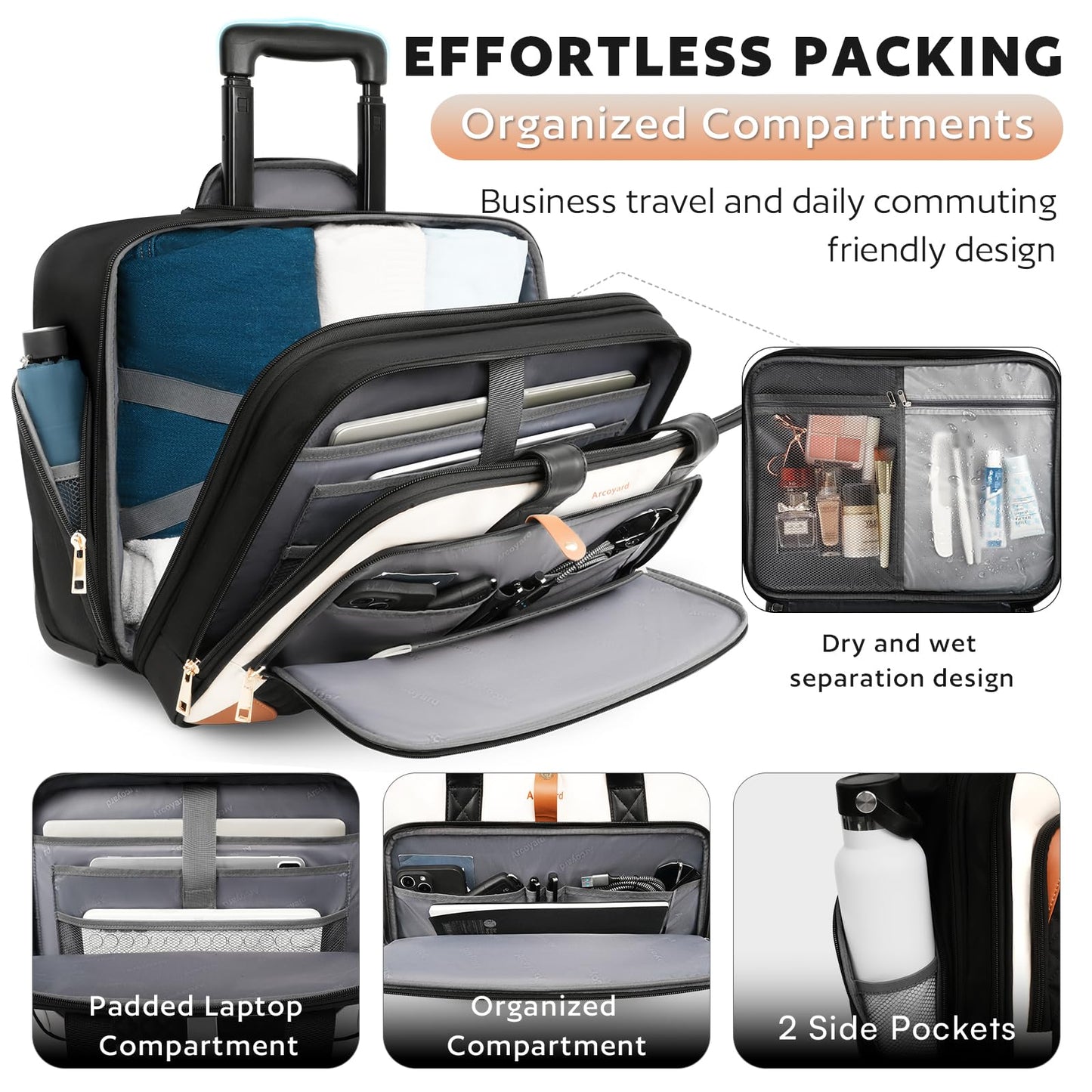 Arcoyard Rolling Laptop Bag, Rolling Briefcase for Women with Waterproof Pocket, 17.3 Inch Computer Bag, Underseat Carry On Luggage with Wheels for Work Travel Business, Lightweight Beige Brown