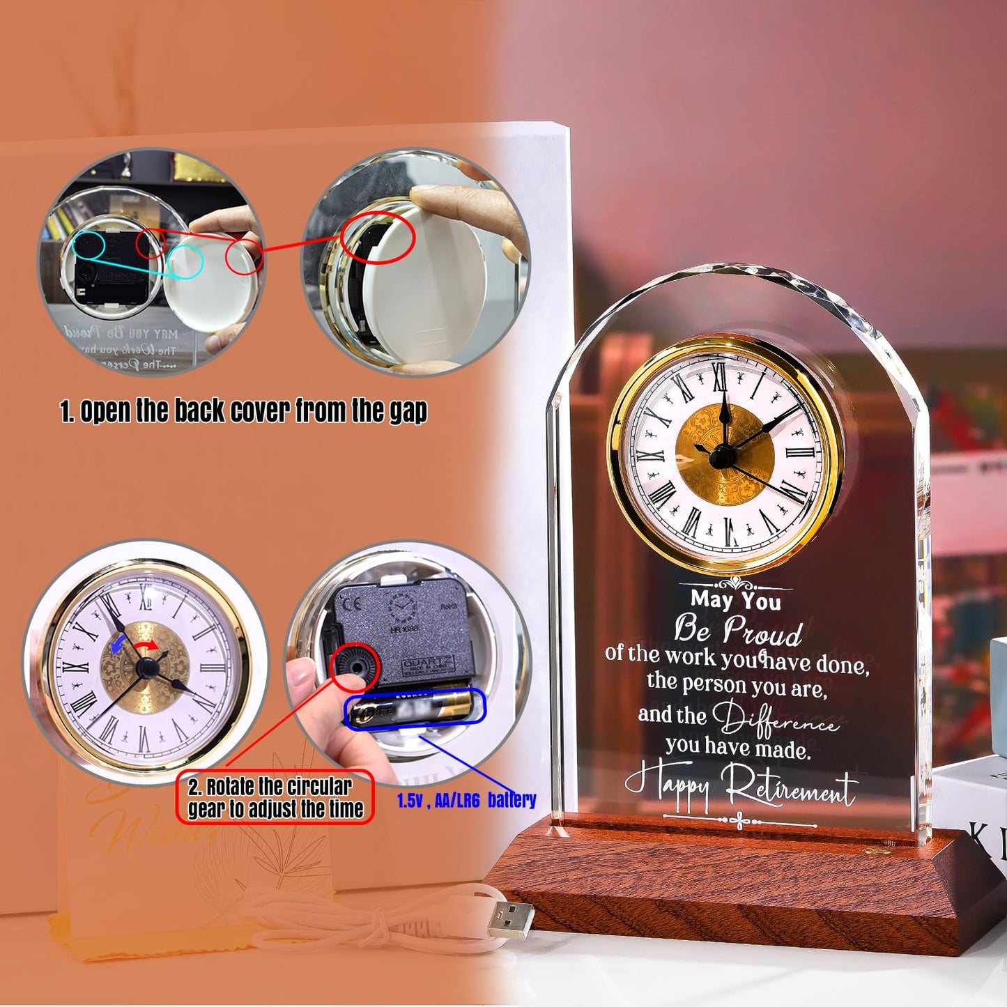 Retirement Clock Gifts for Women Men, Happy Retirement Gifts for Boss Coworkers, Going Away Gift for Retired Friends Leaving Presents for Leader Teacher, K9 Crystal Clock with Light Wooden Base