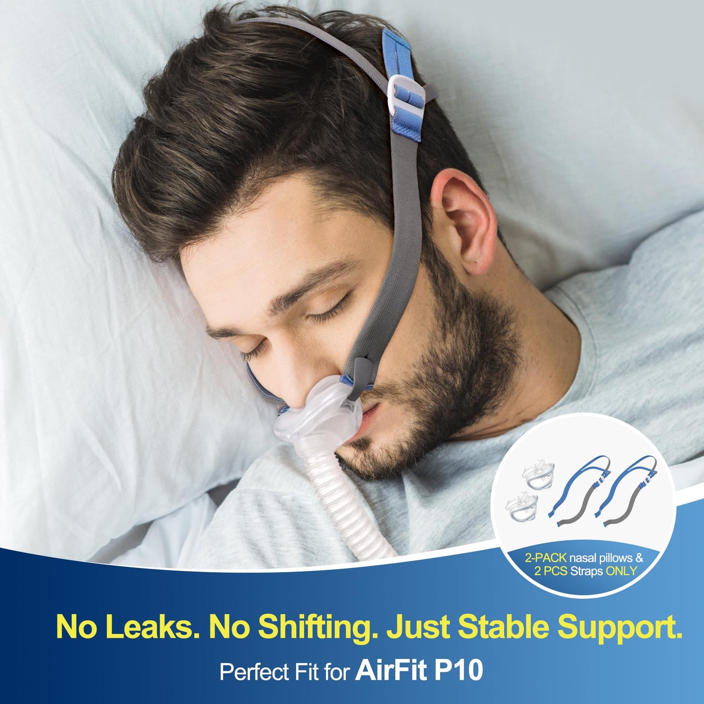 2 Pack Nasal Pillows for AirFit P10 with 2 Pcs Adjustable Straps Soft Secure Fit Lightweight Cushions Seal Comfortably CPAP Supplies Portable Spare Packs - Medium