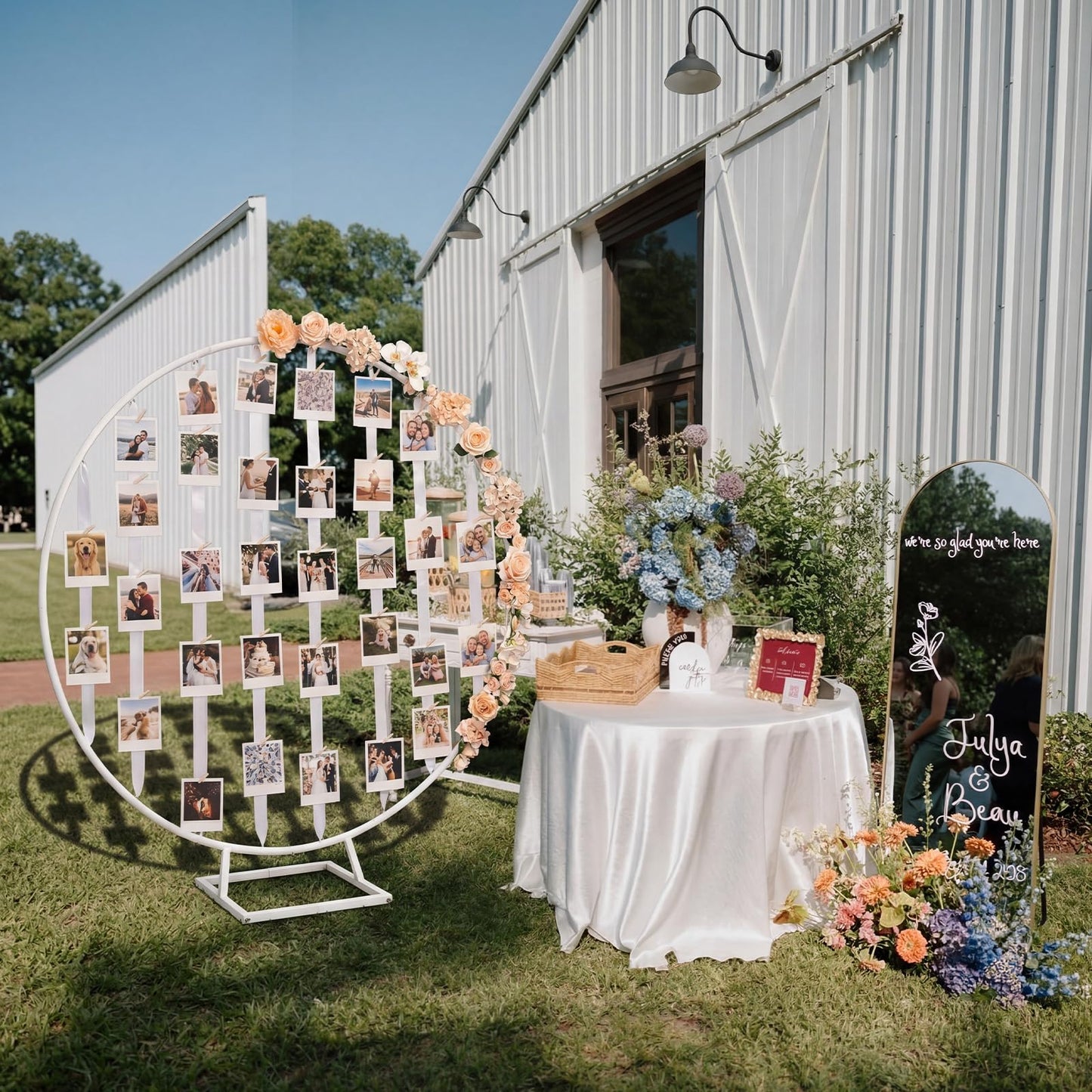 Colingmill 63 Inches White Photo Display Frame Board with Clips Metal Round Photo Display Stand Hanging Pictures Organizer Holder Picture Frame Board for Wedding Graduation Greeting Card