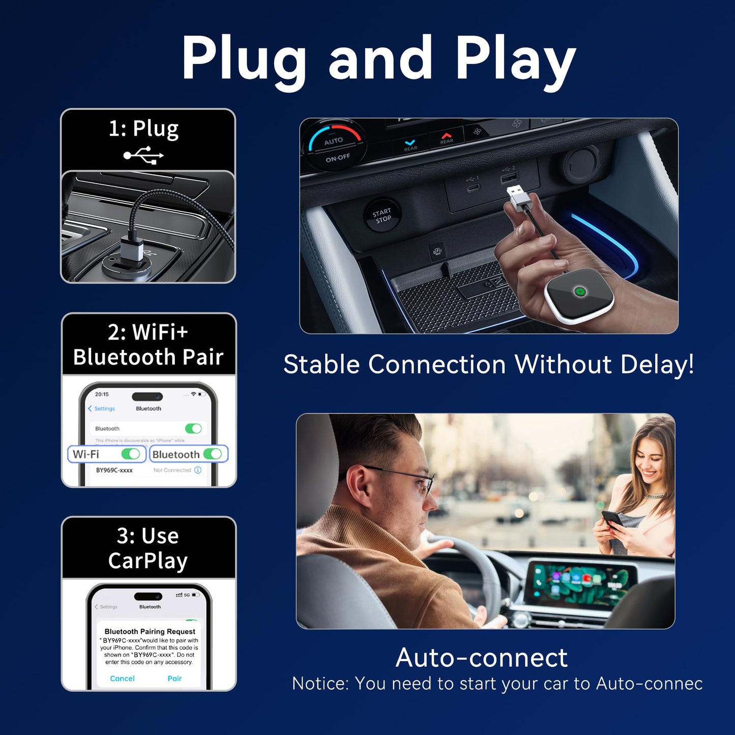 Wireless CarPlay Adapter, Wireless carplay Adapter for iPhone-Easily Upgrade Wired CarPlay to Wireless Connectivity, Includes USB-A to USB-C Adapter, Plug & Play for iPhone (iOS 10 and Above)