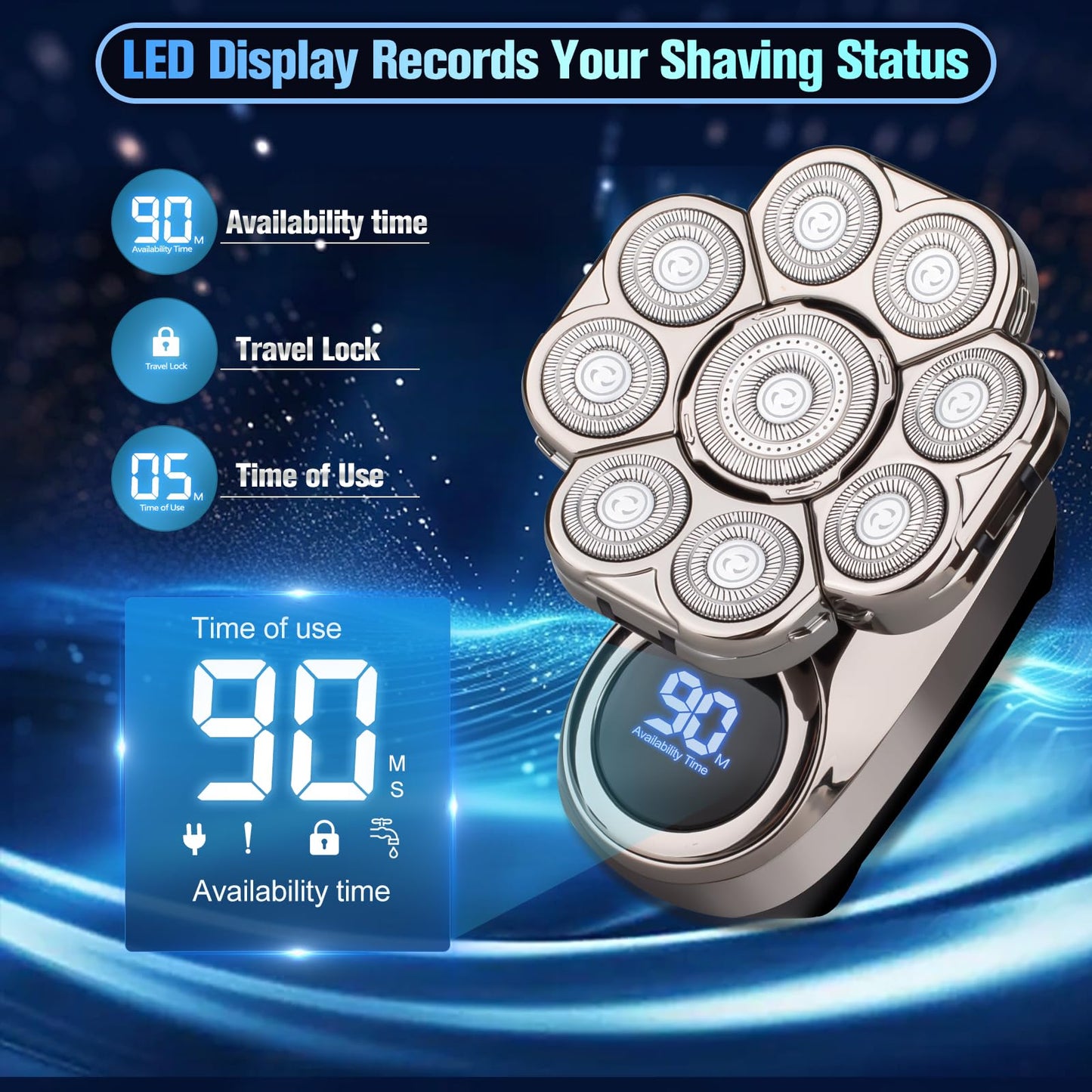 9D Head Shavers for Bald Men, Electric Razor for Men to Shave Fast with LED Display, Cordless Rechargeable, IPX7 Waterproof Wet/Dry Rotary Shaver Kit with Nose Hair Trimmer Shaver, Gift for Men