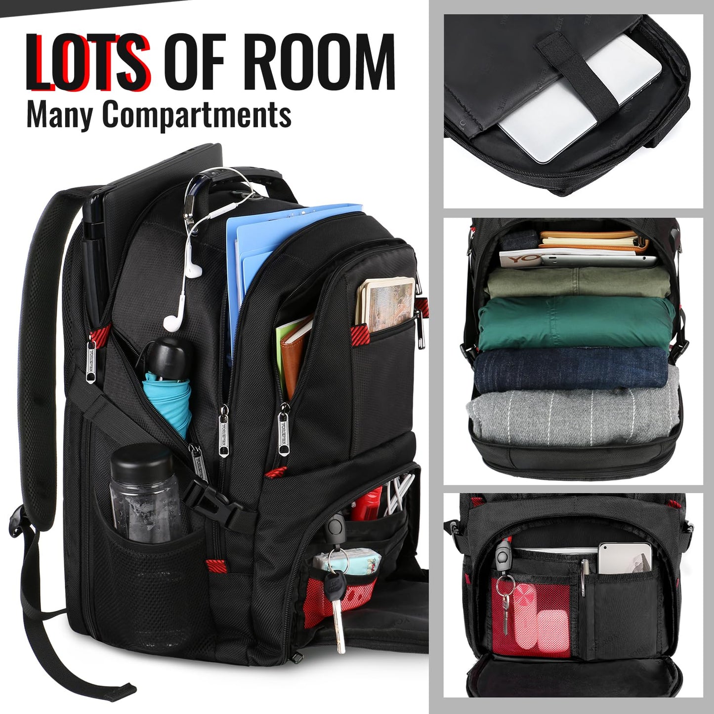 YOREPEK 18.4 Laptop Large Backpacks Fit Most 18 Inch Laptop with USB Charger Port,TSA Friendly Flight Approved Weekend Carry on Backpack with Luggage Strap for Men and Women, Black