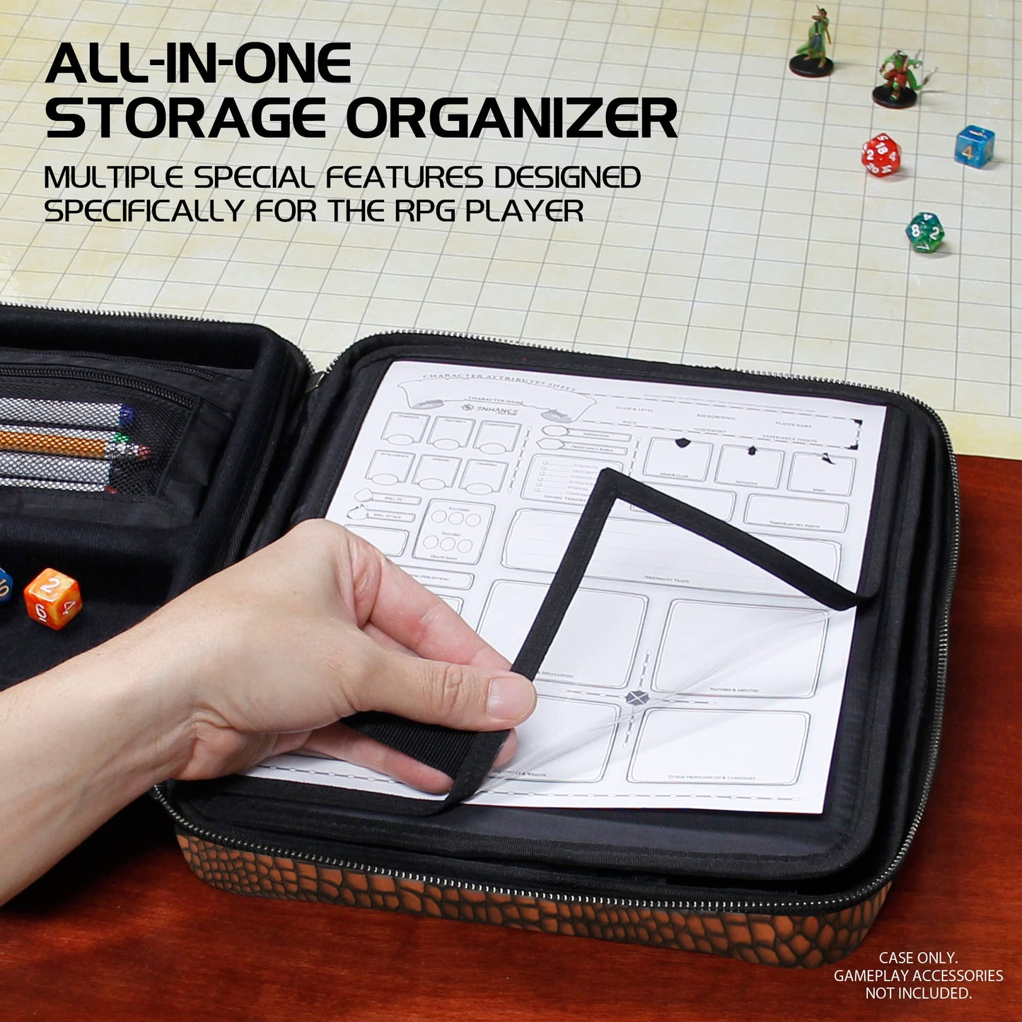 ENHANCE Collector's Edition RPG Organizer Case - DND Binder with Built-in Character Sheet Holder and Erasable Scribe Panel, Dice Rolling Area, Removable Pen Pouch, Miniature Foam Tray (Dragon Brown)