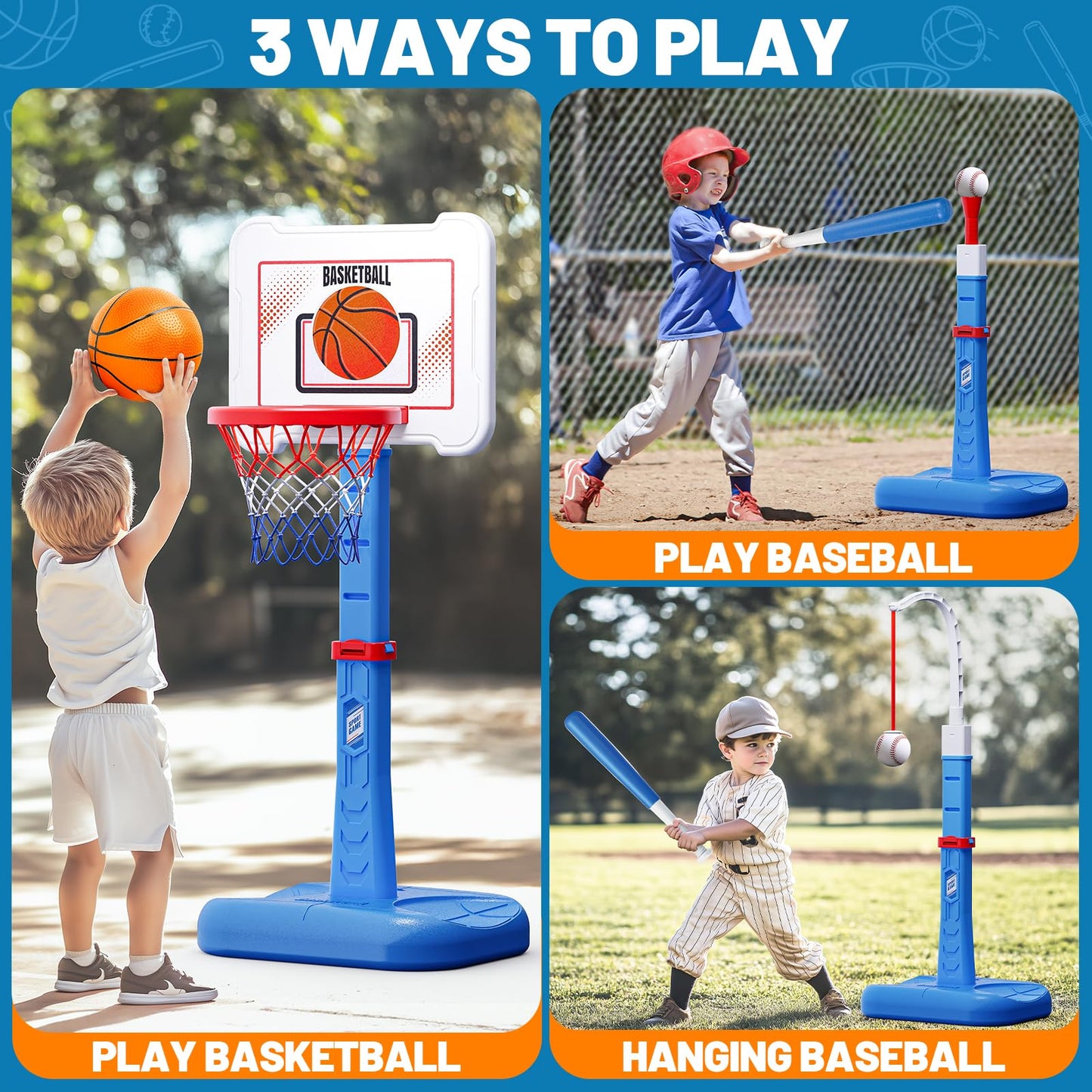 3 in 1 Kids Basketball Hoop and T Ball Set, Adjustable Height Toddler Basketball Hoop, Hanging Tee Baseball, Indoor Outdoor Sports Toys Gifts for Toddlers Boys Girls Ages 3 4 5 Year(Blue