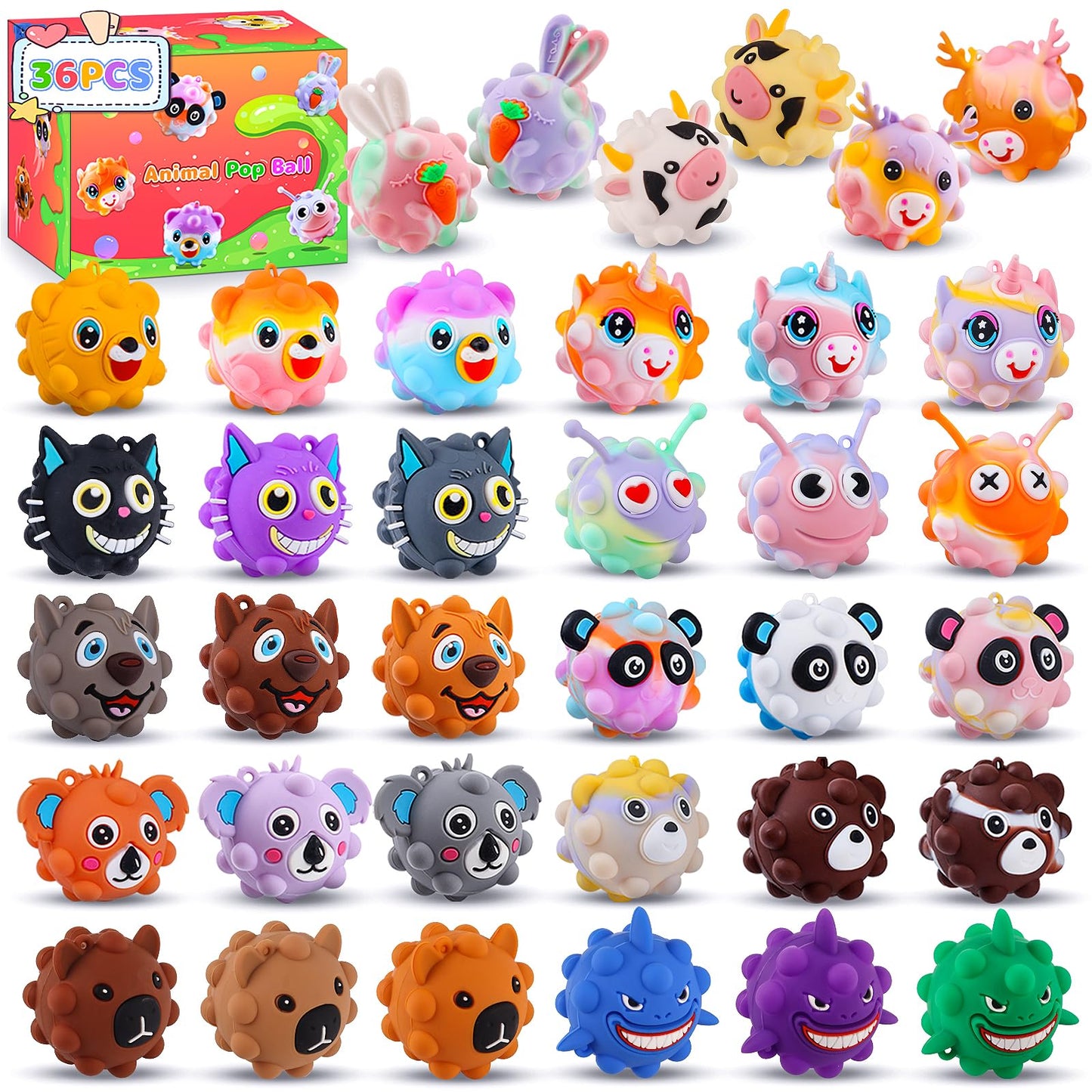 KissFree 36 PACK Animal Pop Balls Party Favors for Kids, 3D Pop Fidget Balls Toys Bulk, Gifts for Boys & Girls, Goodie Bag Stuffers, Pinata Stuffers, Treasure Box Toys, Prizes for Kids