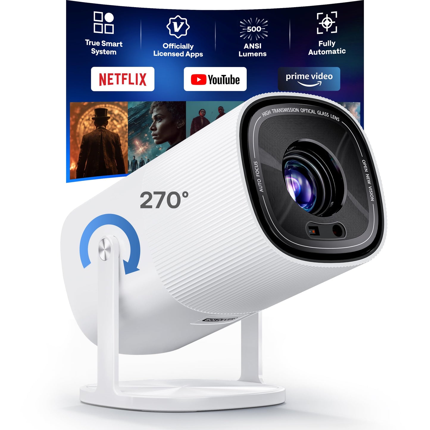 【Built-in Officially-Licensed Apps & 500 ANSI Lumens & Full Automatic】BoldEver 2026 Upgraded Mini Smart Projector with WiFi 6 and Bluetooth, 270° Adjustable Stand, Movie Projector Indoors Outdoors