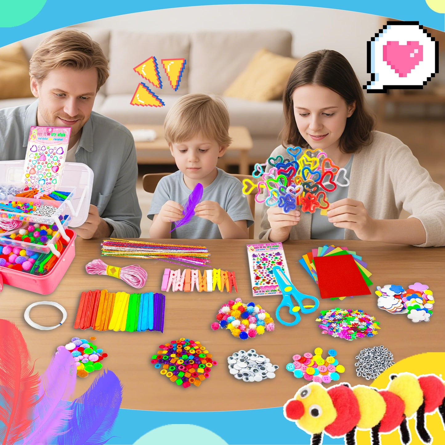 SMILESSKIDDO Arts Craft Supplies for Kids - 1000+ PCS Toddler DIY Craft Art Supply Set, Portable 3 Layered Folding Storage Box School Craft Projects - Gifts for Girls Crafts for Girls Ages Pink