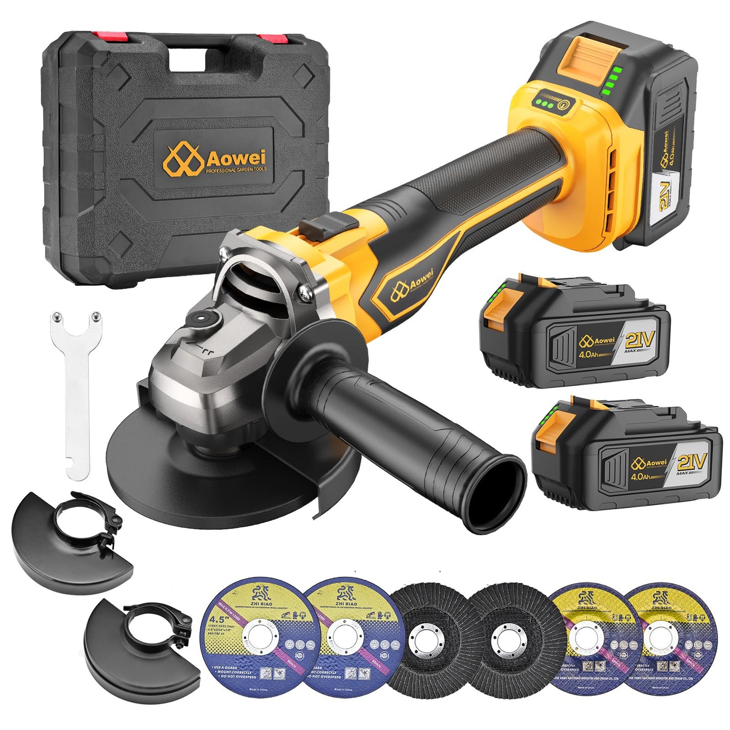 Aowei Brushless Cordless Angle Grinder, 21V Angle Grinder Toolbox Kit, with 2x4.0Ah lithium batteries and charger, yellow 4-1/2 inch grinder, suitable for cutting, grinding, polishing