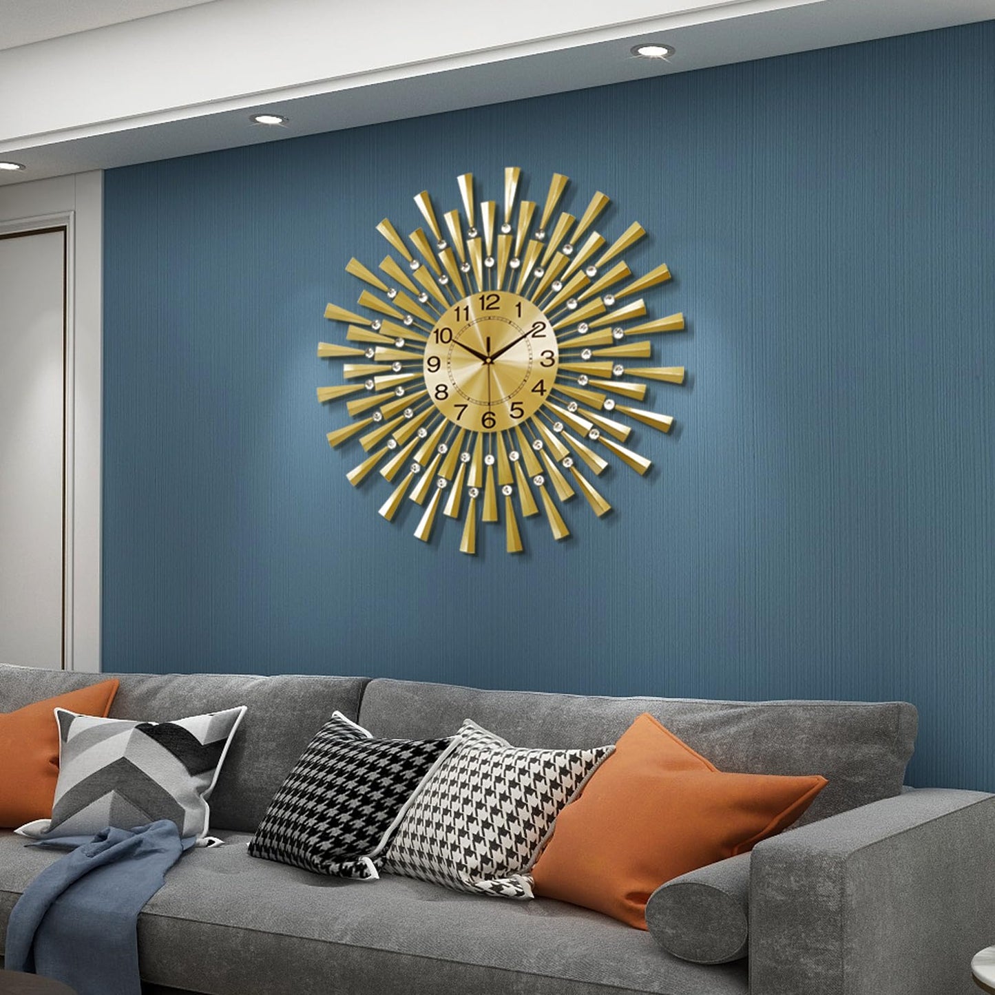 FLEBLE Large Wall Clocks for Living Room Decor Modern Gold Silent Wall Clock Battery Operated Non-Ticking for Bedroom Kitchen Office Home Decorative 24Inch Retro Crystal Clock Wall Decor for House