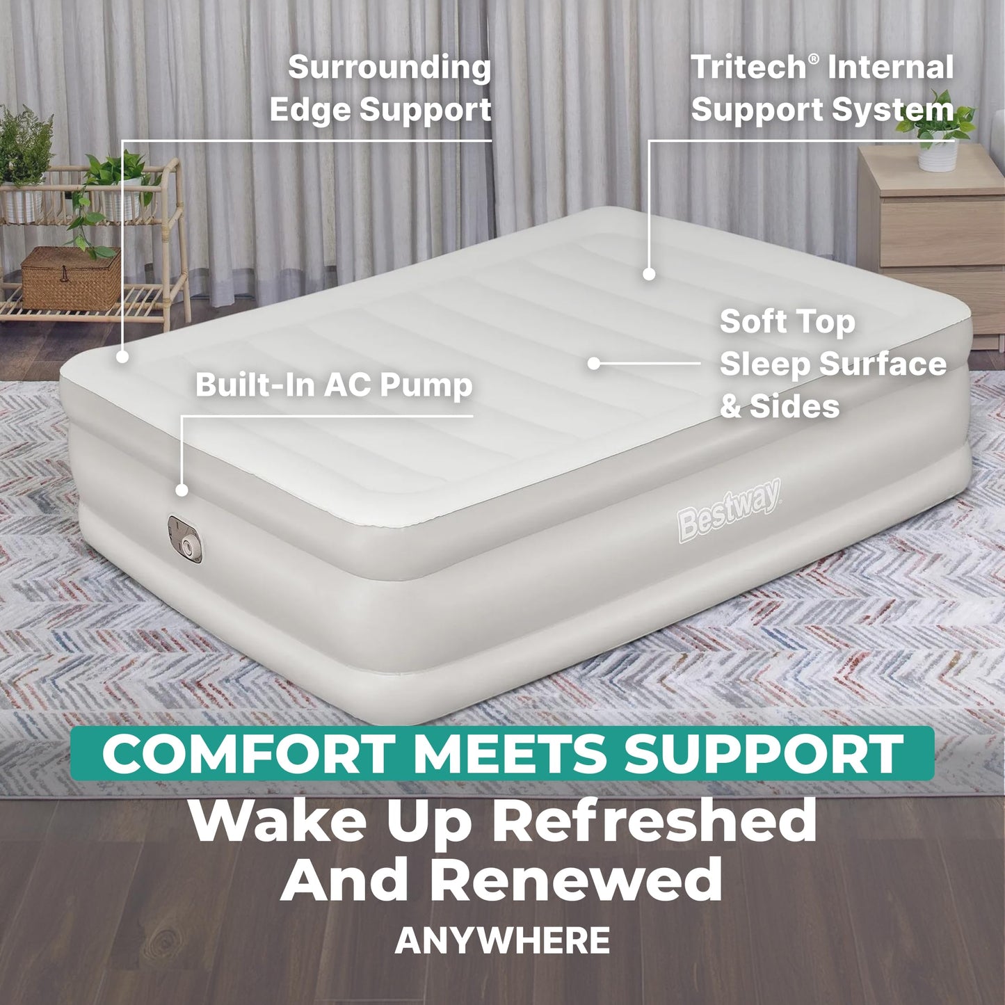 Bestway Tritech 20" Queen Air Mattress, Portable Queen Size Airbed with Contoured Comfort, Raised Sides, & Built-in AC Electric Air Pump, Warm Gray