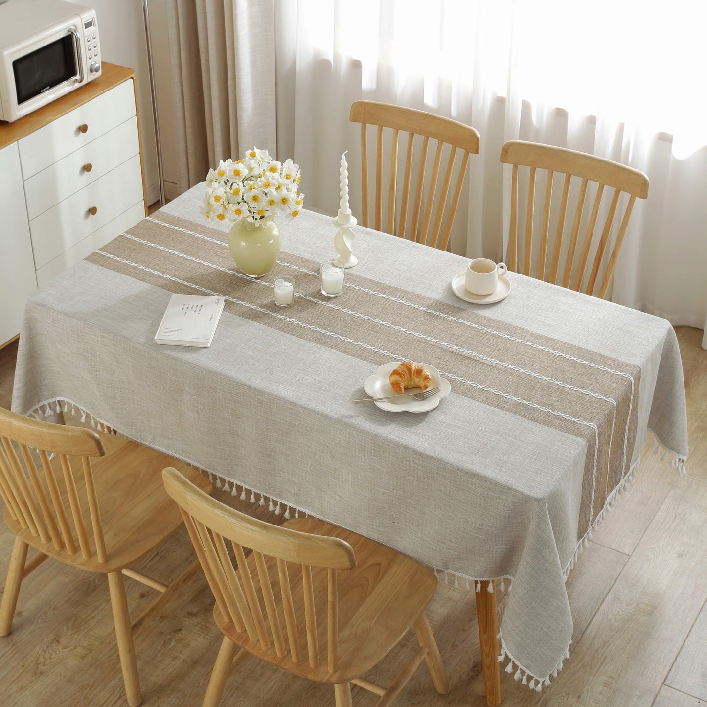 JIALE Tablecloths for Rectangle Tables, Cotton Linen Table Cloth Waterproof Tablecloth Wrinkle Free Farmhouse Dining Tables Cover, Soft Fabric Table Cloths with Tassels, Brown, 55" X 120", 10-12 Seats