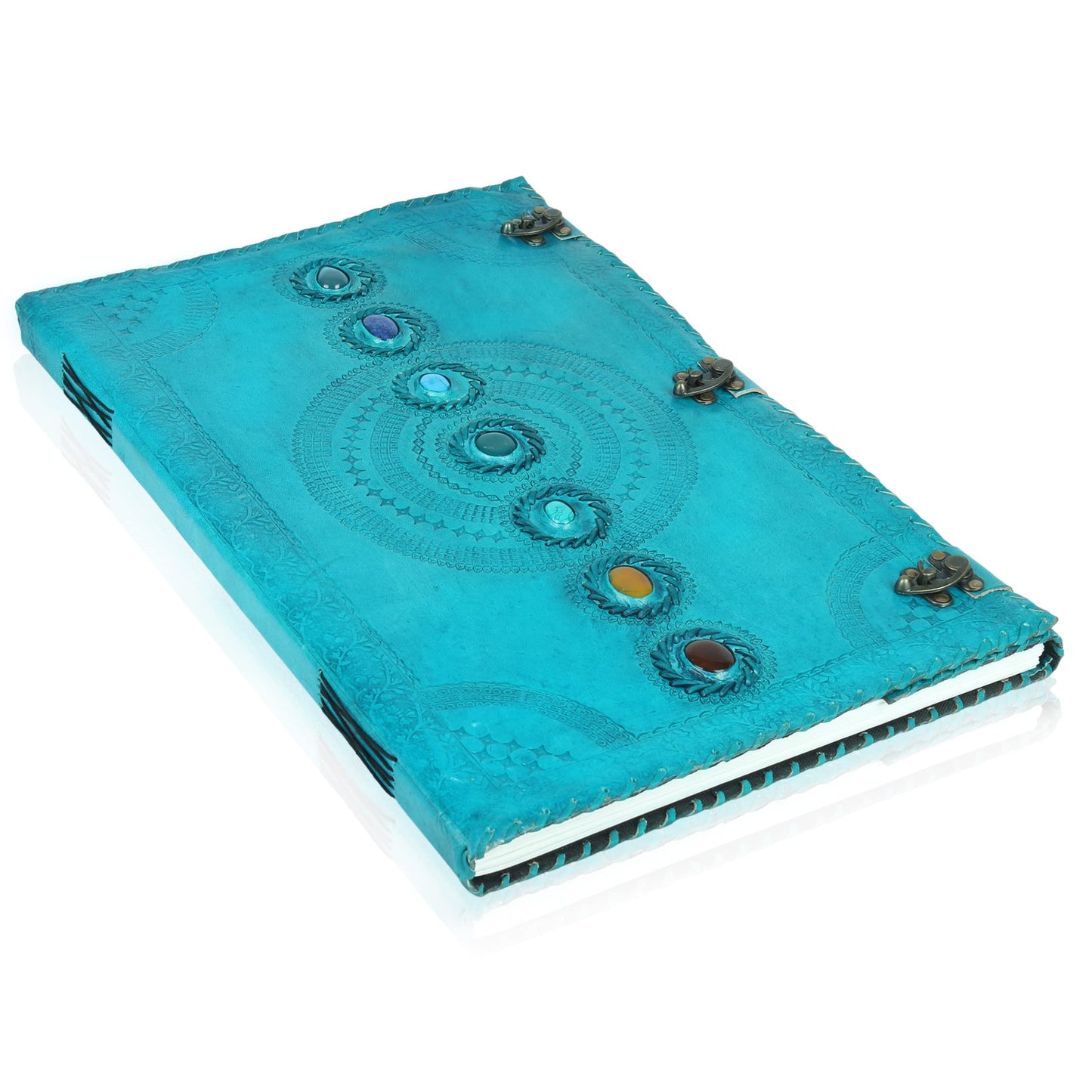 Skyland Seven Chakra Medieval Stone Embossed Handmade Jumbo Leather Journal Book of Shadows Notebook Office Diary College Poetry Sketch 14 x 22 Inches (Ocean Blue)