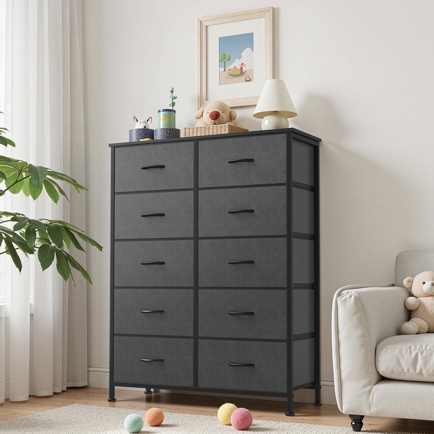 Sweetcrispy 10 Drawer Dresser, Tall Fabric Dresser for Bedroom, Storage Tower with Bins Chest Organizer Unit for Closet, Hallway, Steel Frame Wood Top, Easy Pull Handle, Grey
