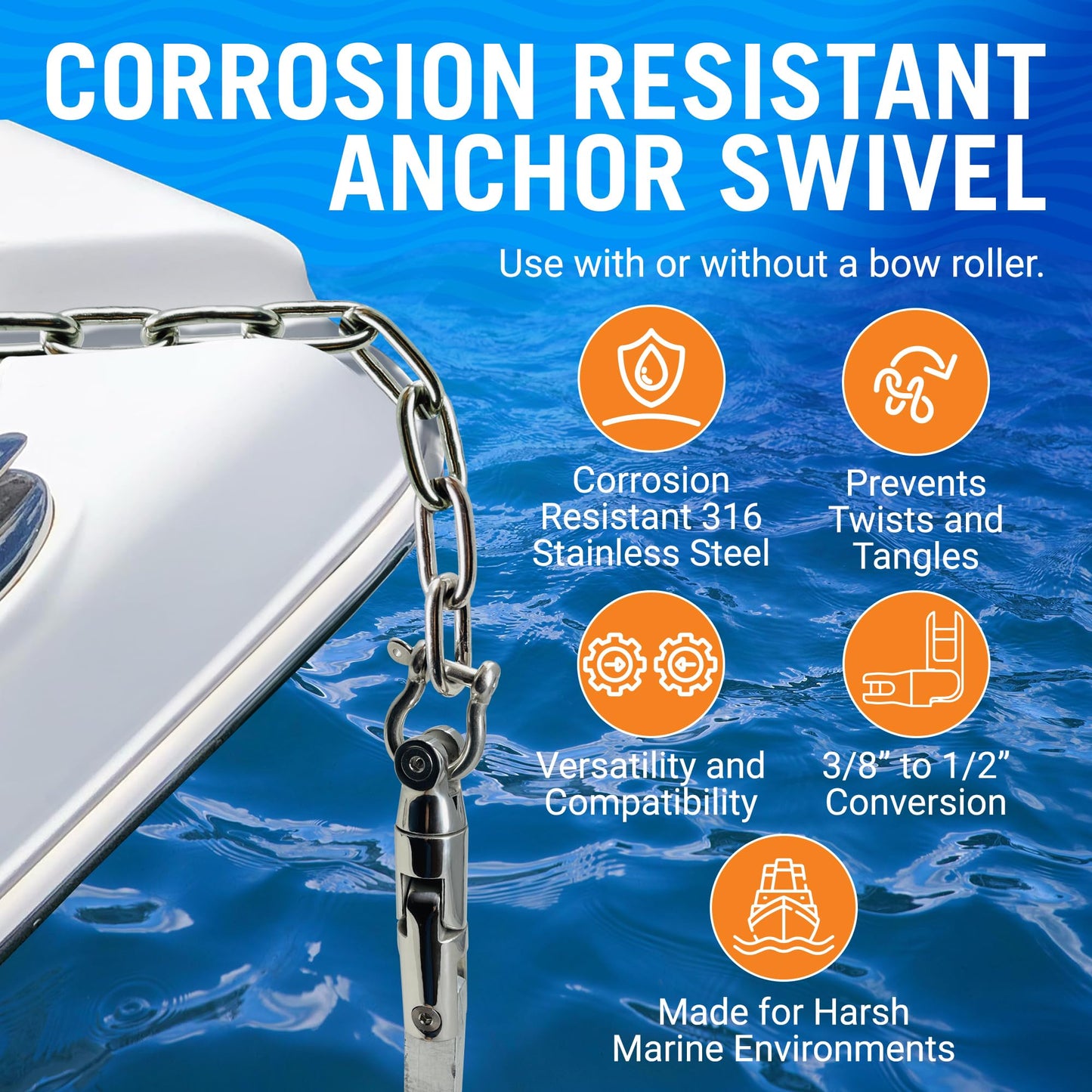 Better Boat Anchor Swivel, Stainless Steel Shackle Chain Swivel, Fits 3/8" to 1/2" Chains