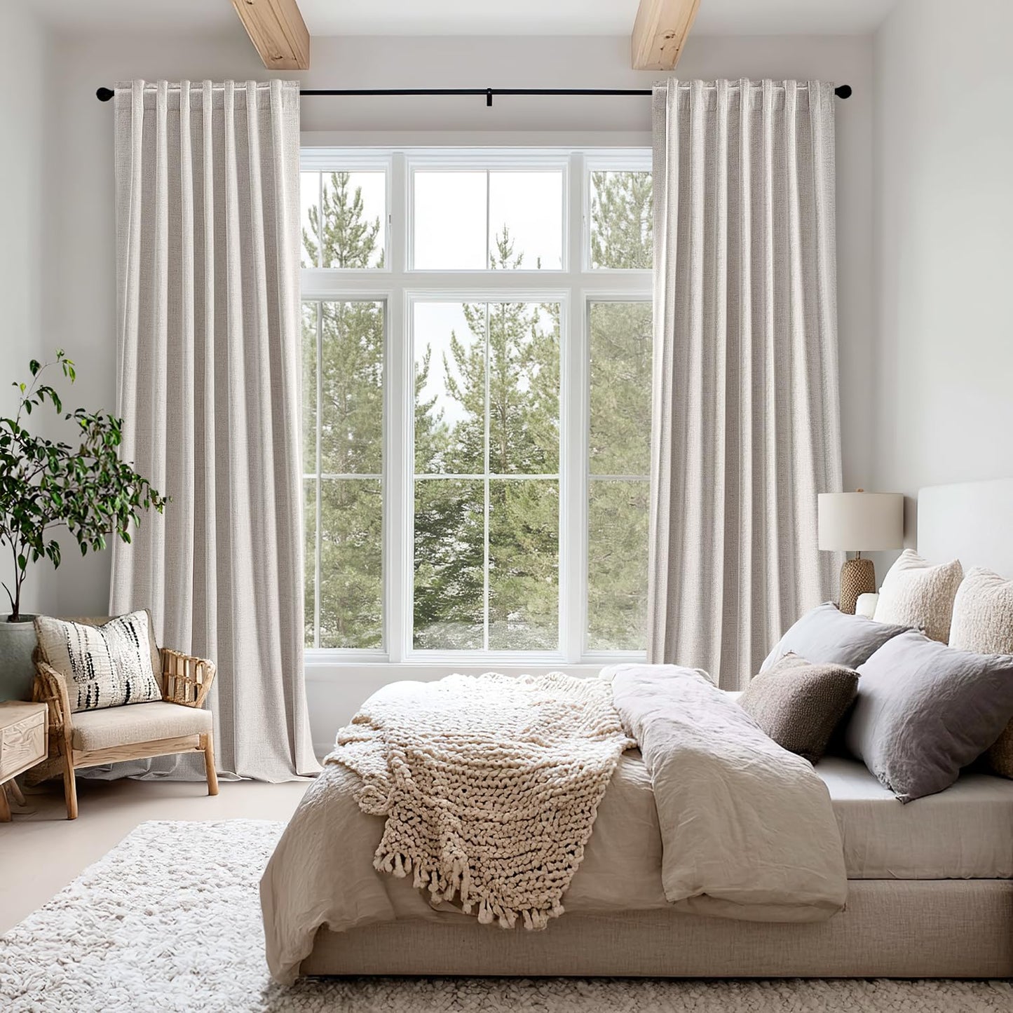 MIULEE 100% Blackout Linen Curtains for Bedroom, Ivory Solid Luxury Decor Thermal Insulation Room Darkening Drapes for Living Room Back Tab Rod Pocket 42 x 96 Inches, 2 Panels