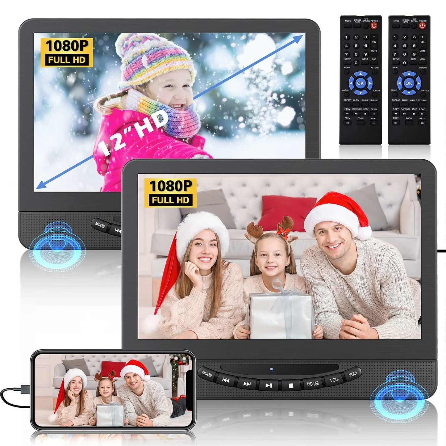 12" Portable DVD Players with Screen, Car DVD Player Dual Screen Play A Same Or Two Different Movies with 1080P HDMI Input, Headrest DVD Player for car Support USB/Sync Tv