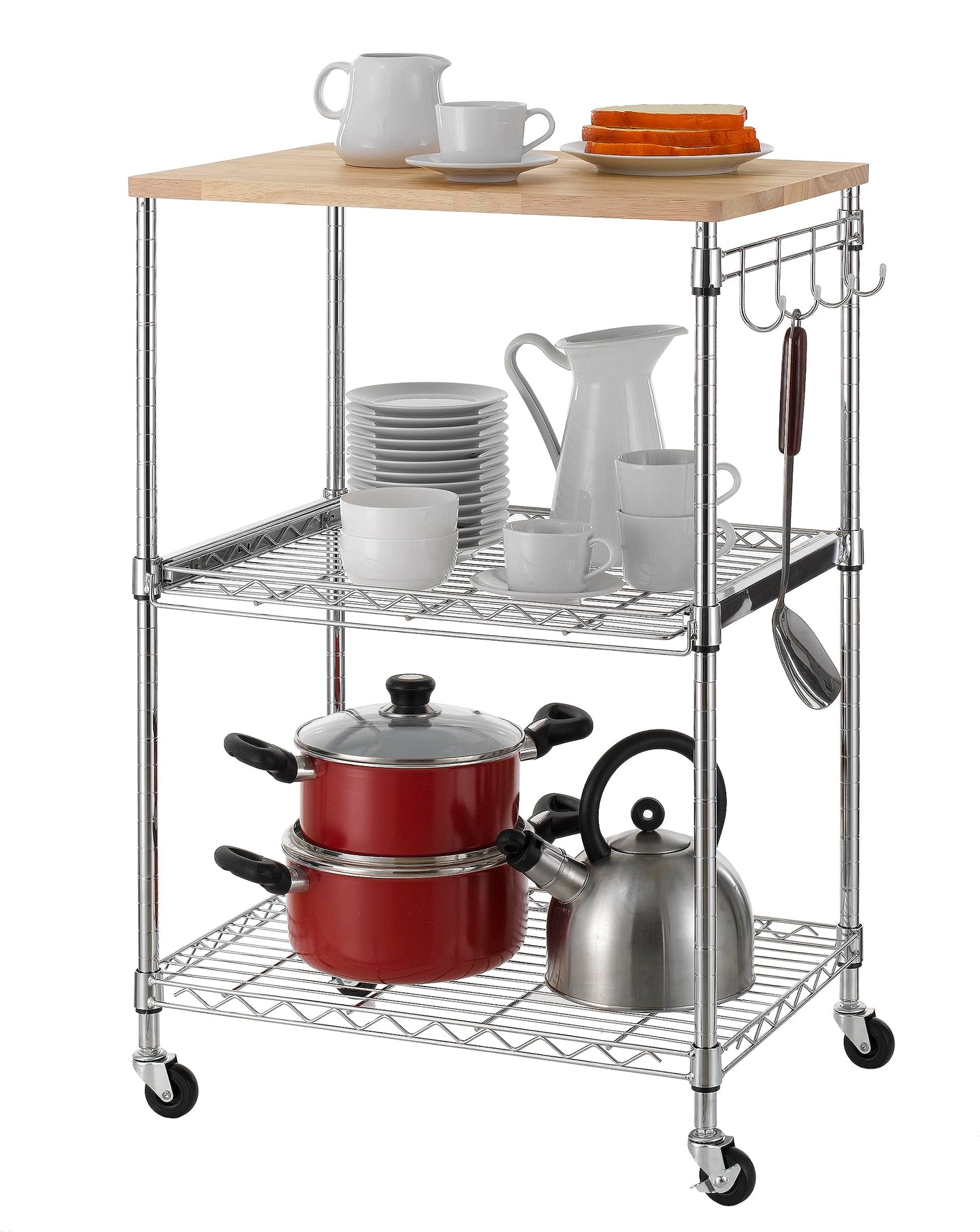Finnhomy 3-Tier Rolling Kitchen Cart, Microwave Cart with Oak Wood Tabletop and Drawer Slider, Coffee Cart & Food Service Cart with Hooks, Chrome