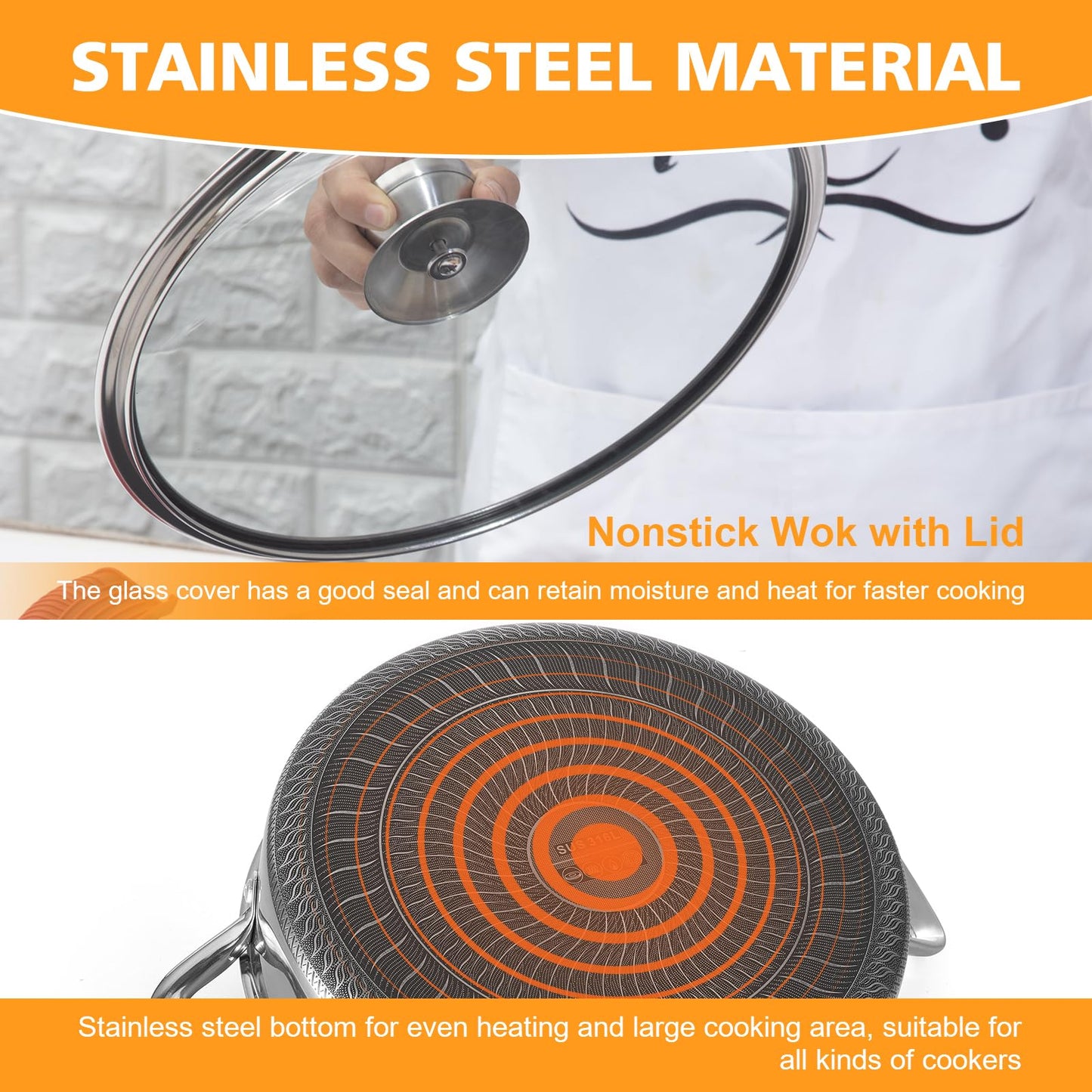 Toutrop Stainless Steel 7QT Saute Pan 14 Inch Deep Frying Pan with Lid Nonstick,Hybird Induction Cooking Pan,PFOA Free Cookware,Large Skillets