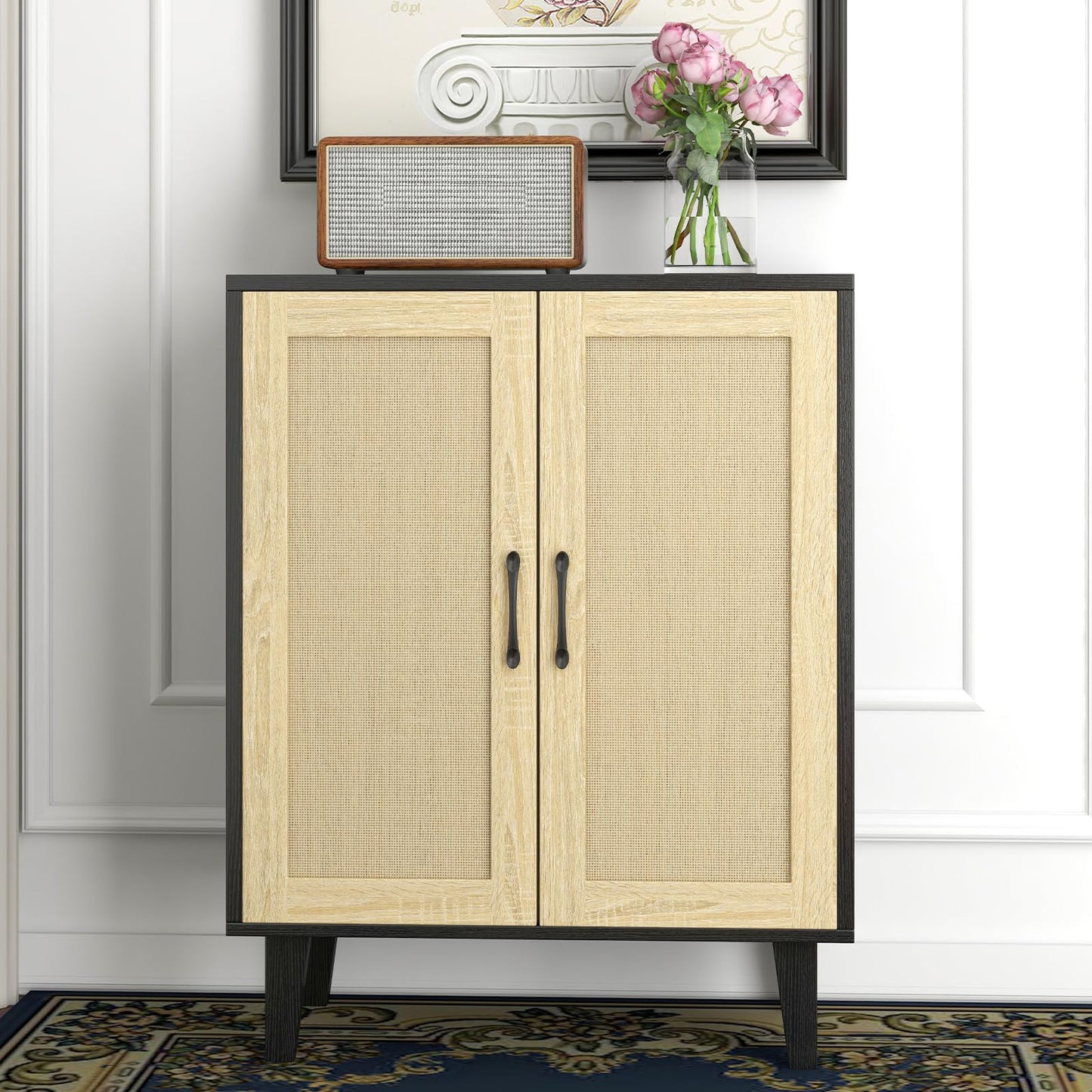 Panana Buffet Cabinet Sideboard with Rattan Decorated Doors Kitchen Storage Cupboard Accent Cabinet (Black)