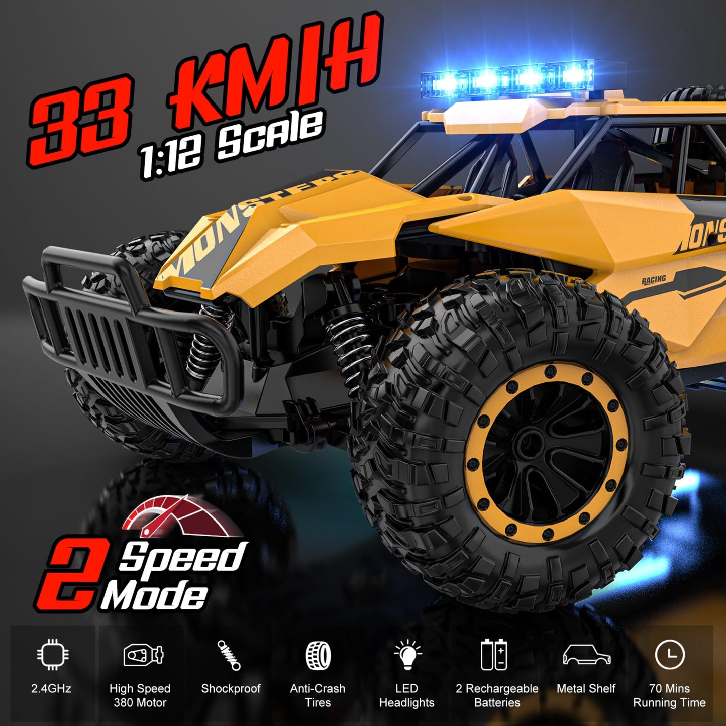 BLUEJAY Remote Control Car for Boys, RC Cars, 1:12 Monster RC Truck Off Road with LED Headlight and Rechargeable Battery Gifts for Adults Boys 8-12