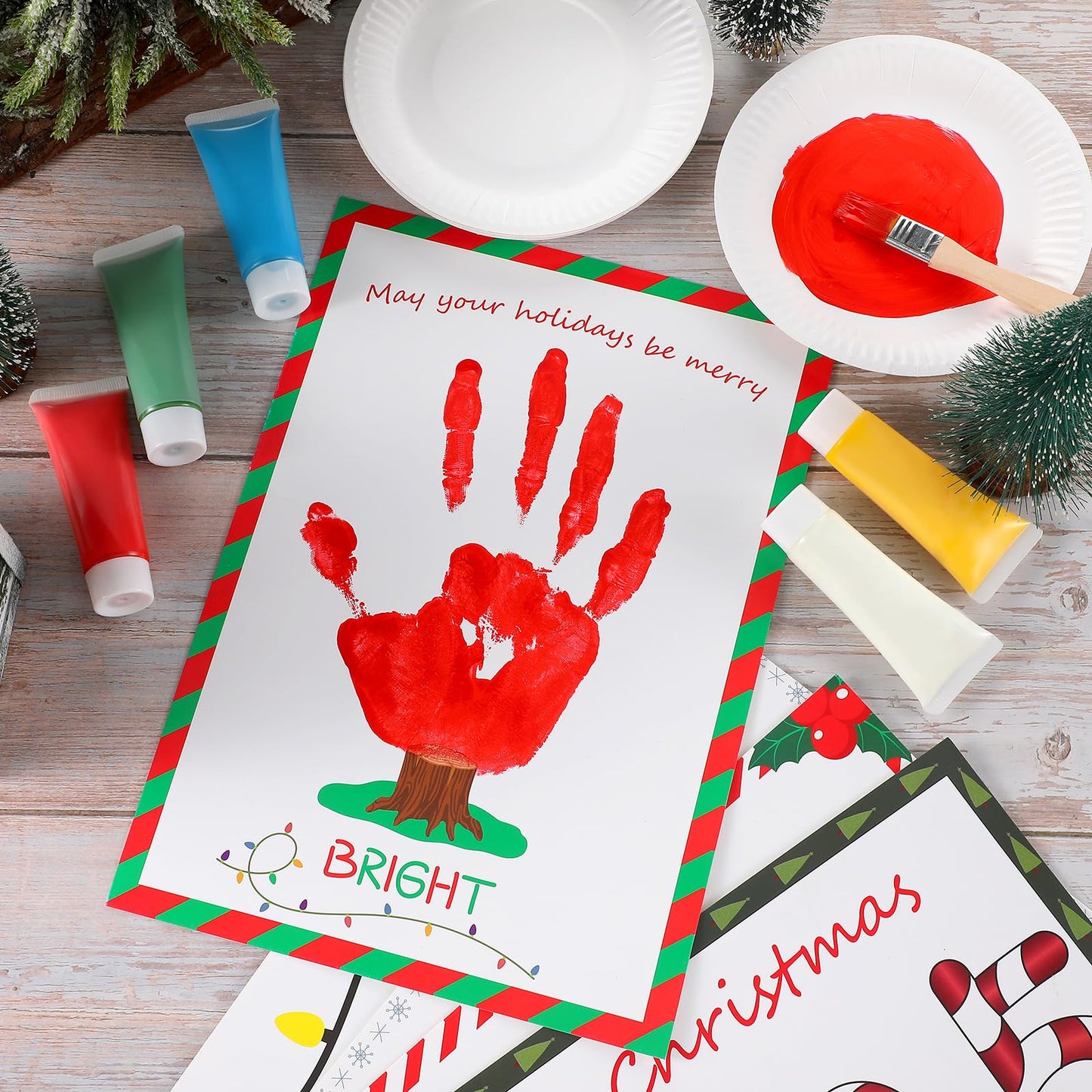 Tenceur 20 Pcs Christmas Handprint Tree Crafts Kits 2025 DIY Make Your Own Xmas Ornaments Souvenir Art Set Handmade Footprint Gift for Xmas Winter Party Classroom Office Home Decorations
