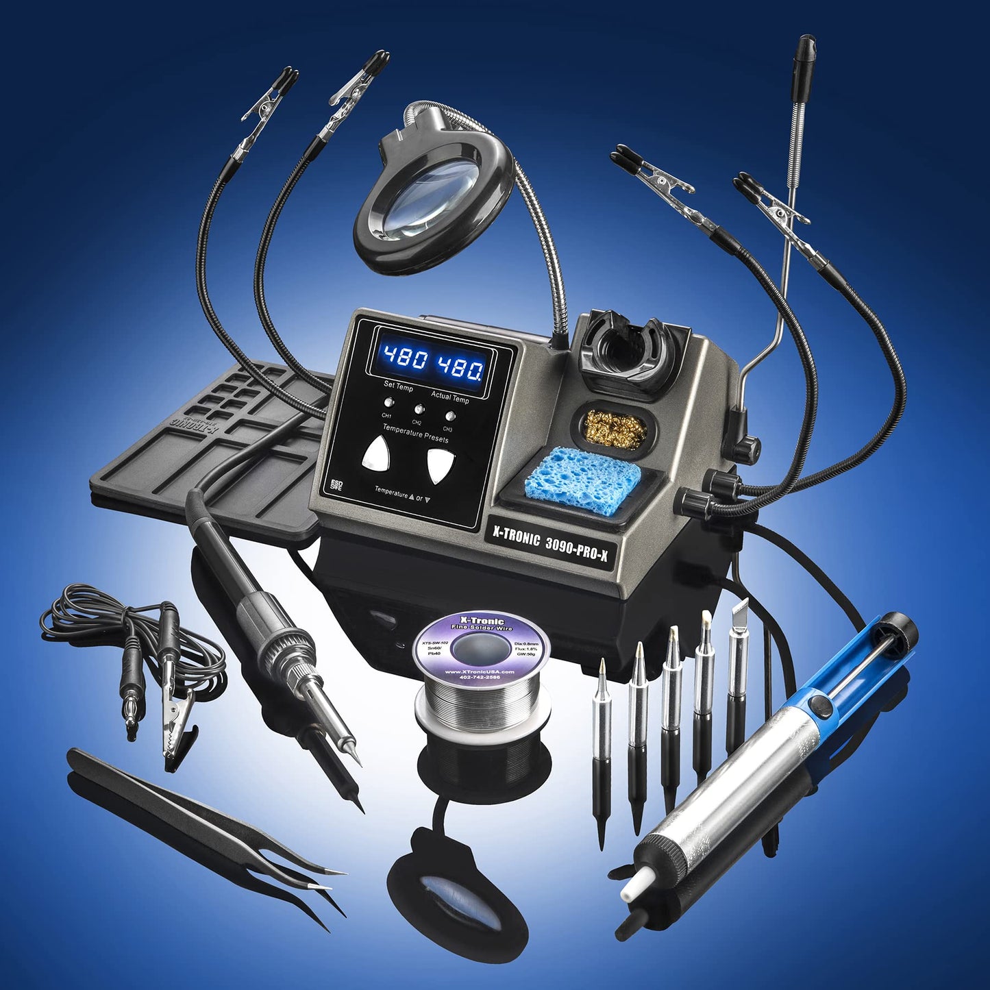 X-Tronic 3090-PRO-X – 75 W Soldering Iron Station – 5 Extra Tips, 2 LED Displays, Sleep Func, C/F, 3 Temp Presets, Mini Mag Lamp, 4 Helping Hands, Solder Sucker, Tweezers, Solder, Brass & Wet Sponges