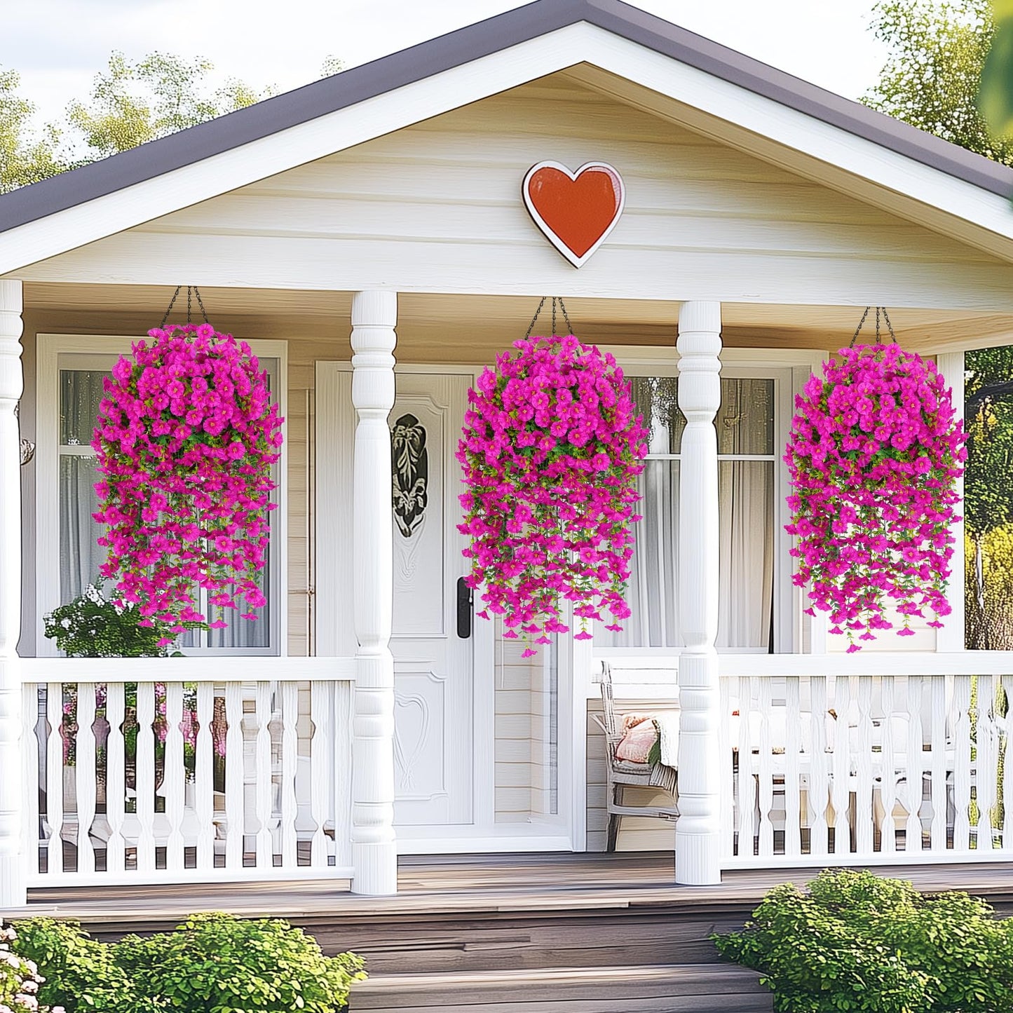 MARTINE MALL 8 Pcs Look Real Artificial Flowers for Outdoors, Realistic Artificial Hanging Flowers for Outdoors, UV Resistant Fake Hanging Plants Silk Petunia Faux Flowers for Porch Patio, Fuchsia