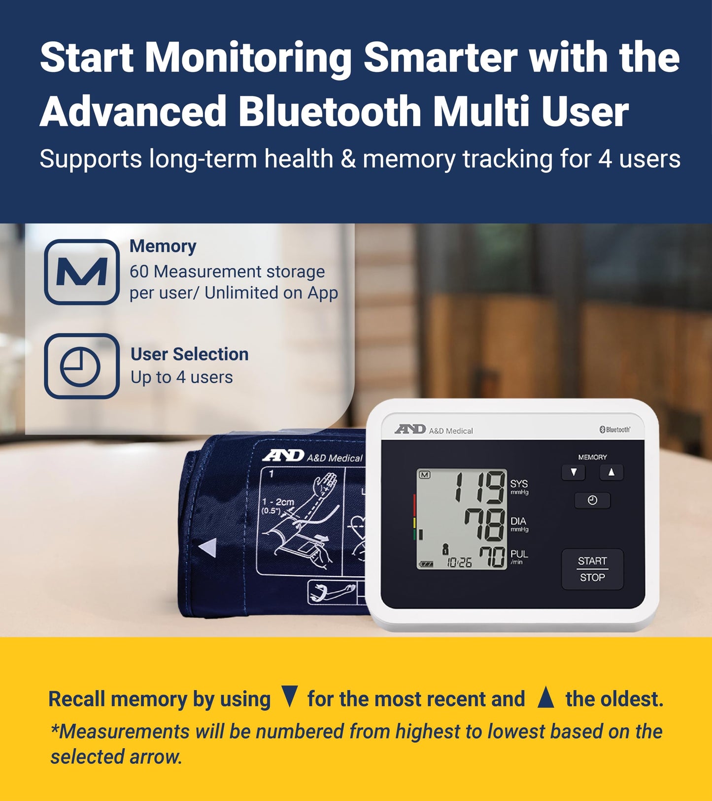 A&D Medical Multi-User Bluetooth Blood Pressure Monitor for Home Use - UA-770BLE - Wide Range Cuff (8.6-16.5" / 22-42cm), Up to 4 Users, iOS & Android Compatible, AA Batteries