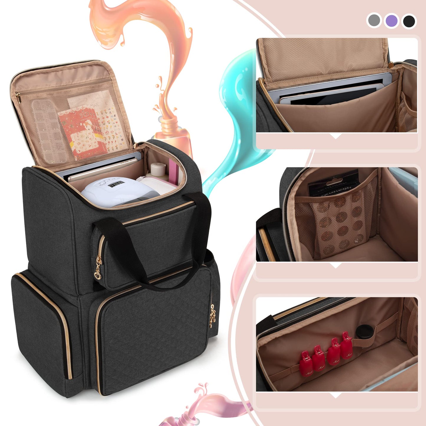 LUXJA Nail Polish Organizer (Backpack Version) Holds 70 Bottles and a Nail Lamp, Travel Nail Polish Bag with 2 Removable Cases and Tools Storage Pockets (Patent Pending), Black