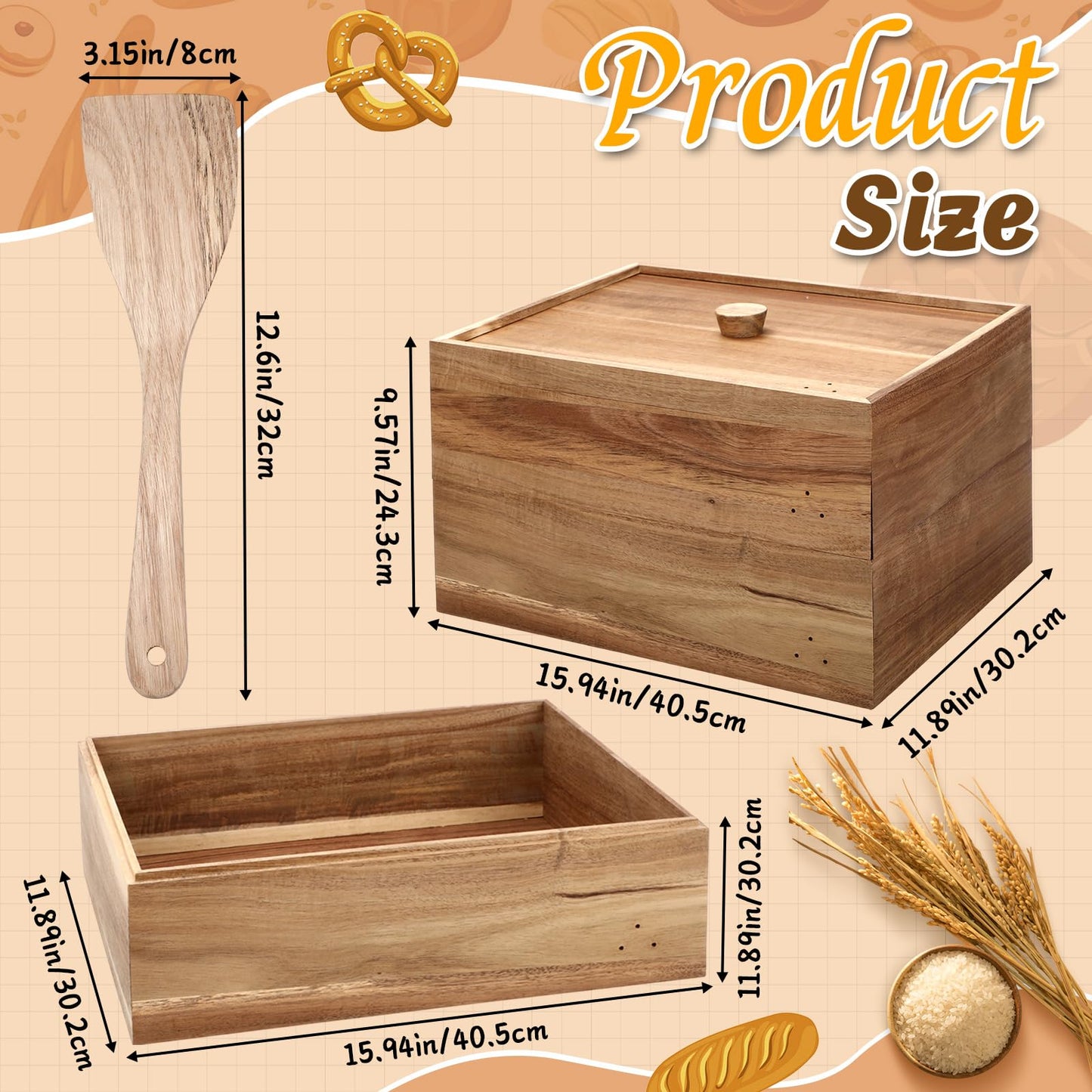 Remerry 2 Pizza Dough Proofing Box Wooden with 1 Lid, 1 Scraper Set 16" x 12" x 9" Stackable Dough Pizza Proofing Box Container for Home Kitchen