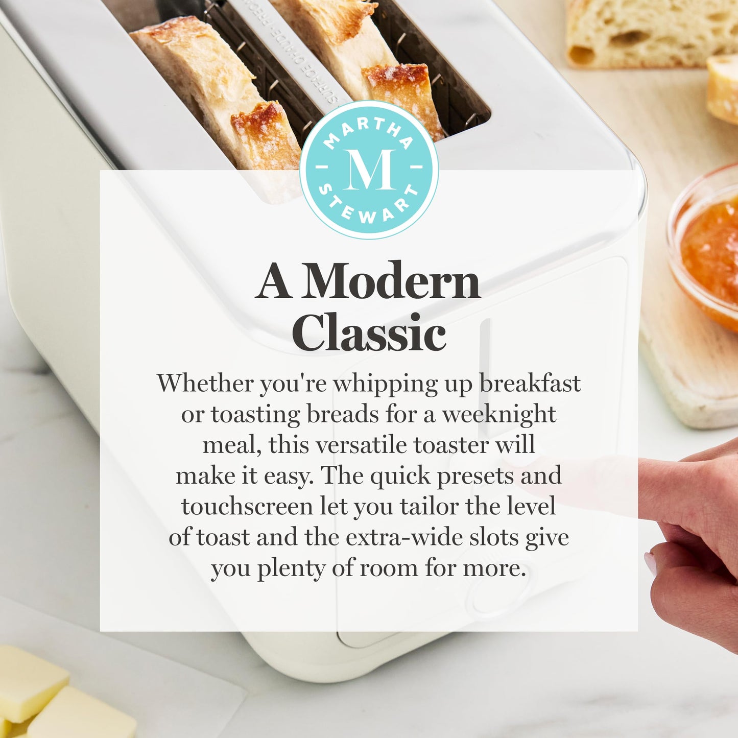 Martha Stewart 2 Slice Toaster, 10 Shade Settings with Defrost, Cancel, Bagel & Gluten-Free, Extra-Wide Self-Centering Slots for Waffles & Artisan Bread, Removable Crumb Tray, Cord Wrap, Linen Cream