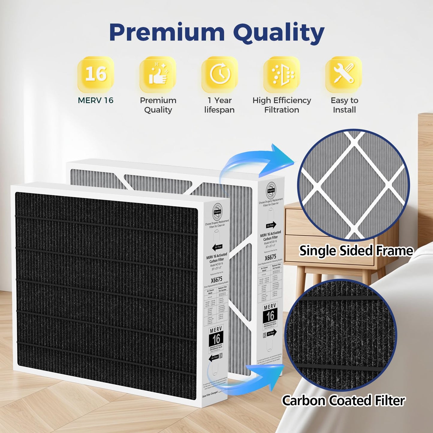 2 Pack 6675 20x25x5 MERV 16 Air Filter Compatible with Lennox X6675 and Lennox HCC20-28 Healthy Climate Carbon Clean MERV 16 Furnace Filter for HVAC System, Part Number HCF20-16, HCF20-10