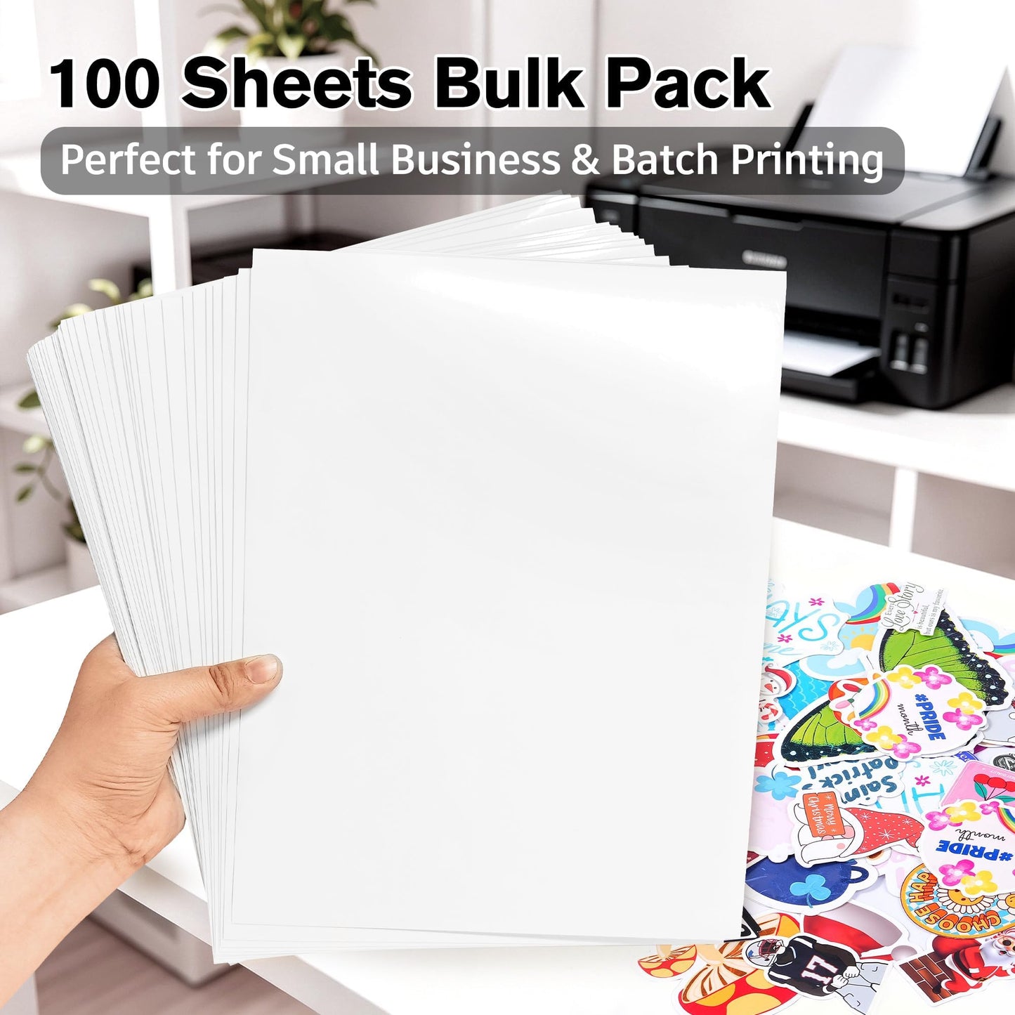Lzerking 200 Sheets Glossy Printable Vinyl Sticker Paper 8.5"x11", Vibrant Color Quick-Drying Waterproof White Decals for Inkjet/Laser Printers & Cricut for Small Businesses, DIY Enthusiasts
