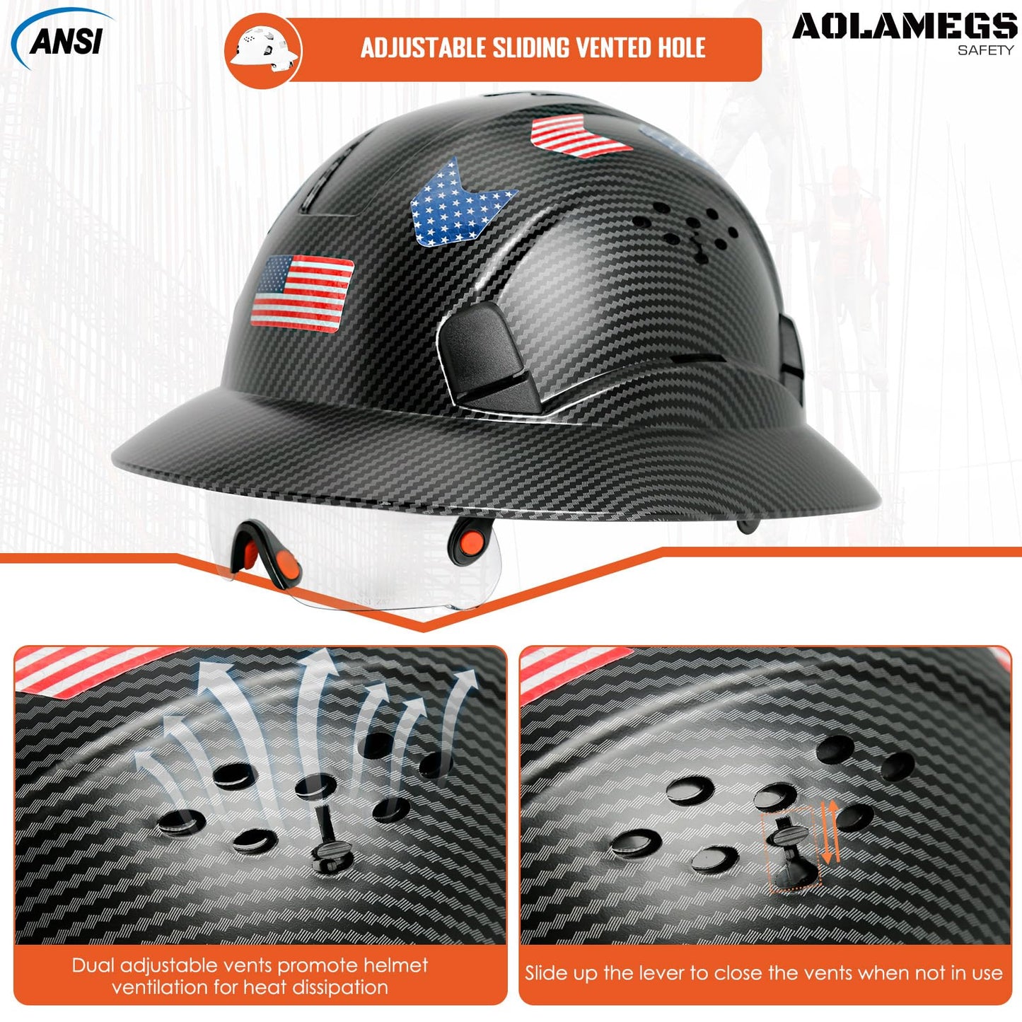 Aolamegs Safe Matte Black Carbon Fiber Pattern Full Brim Hard Hat with Visor - Vented Hard Hats Construction OSHA Approved for Men Adult, Reflective Safety Helmet with Chin Strap,6-Point Suspension