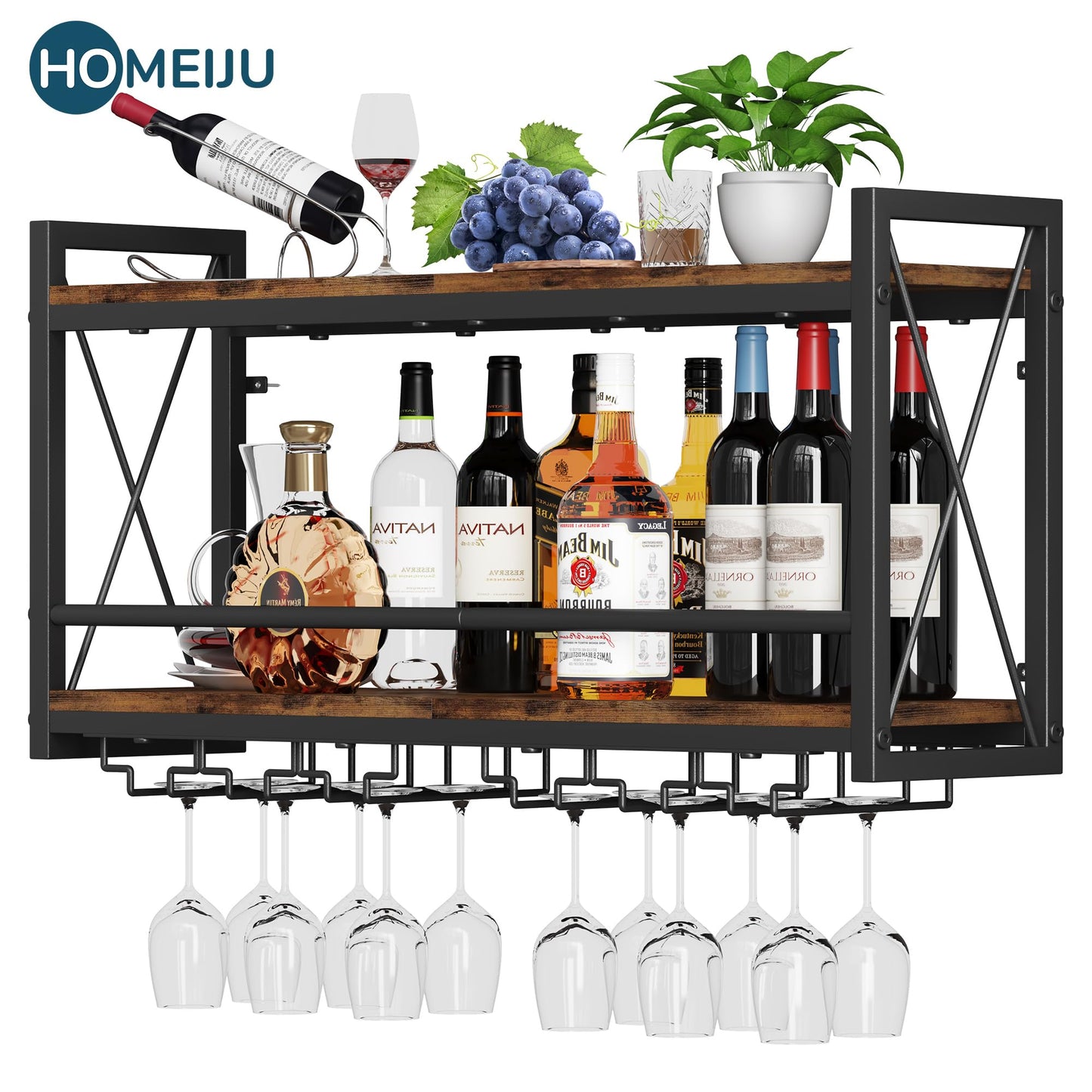 Homeiju Wall Mounted Wine Rack, Bottle & Glass Holder Wood-Metal Retro Wine Rack, Wine Bottles Display Wall Storage for Kitchen Dining Room Home Bar
