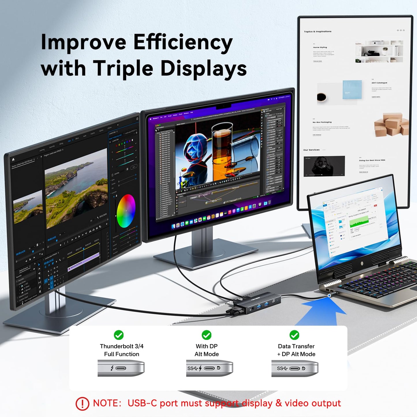 ANYOYO USB C Docking Station Dual Monitor, 8 in 1 Laptop Docking Station 3 Monitors with Dual HDMI 4K60HZ and VGA 1080P60HZ, 3 * 5Gbps USB-A/C,PD100W,HDMI Dock for Dell,Lenovo,HP(Black)