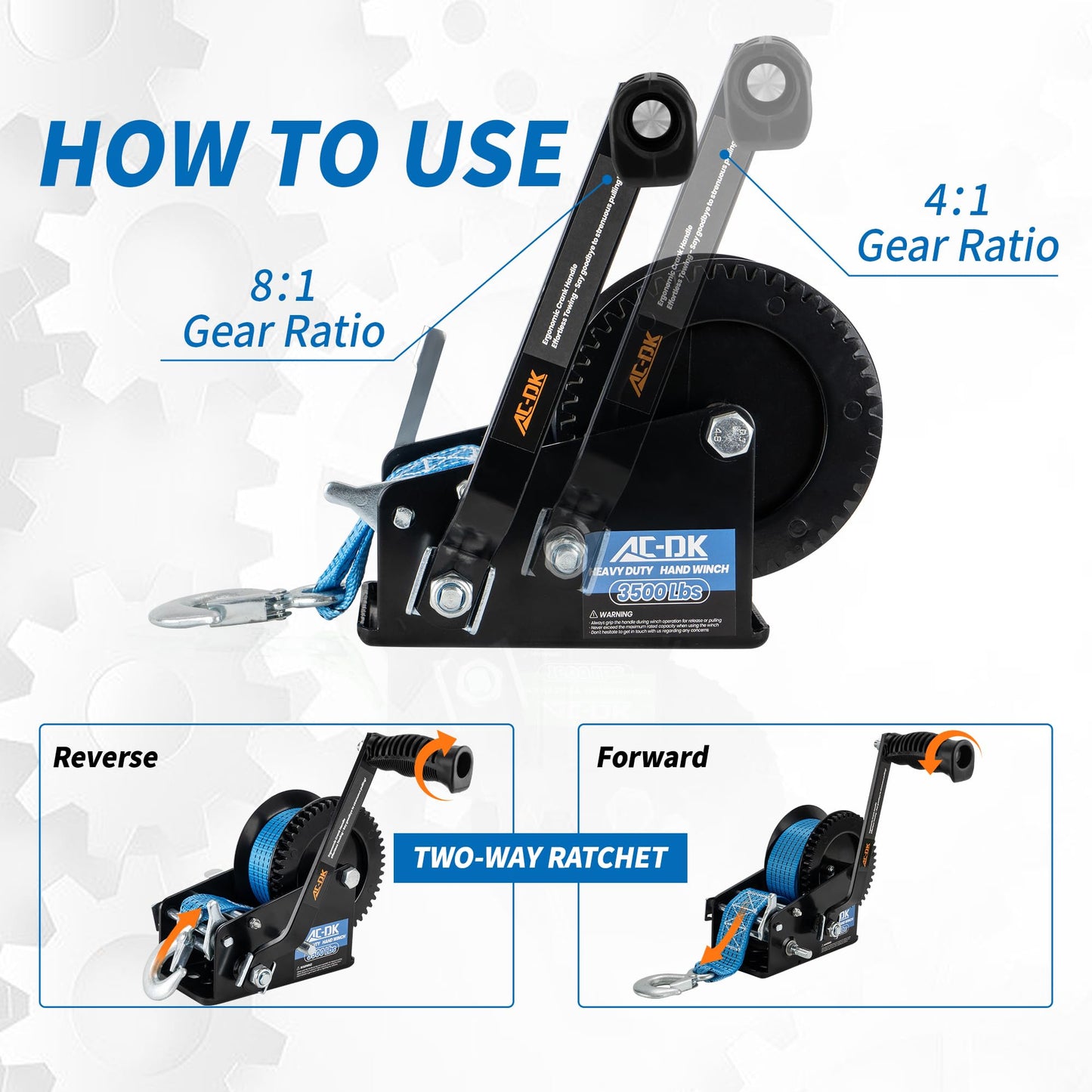 AC-DK 3500lbs Heavy Duty Boat Trailer Winch with 32FT Strap,2-Way Ratchet 4:1/8:1 Gear Trailer Winch,Portable Hand Crank Winch for Boat, Truck, Trailer, RV, ATV, Jet Ski