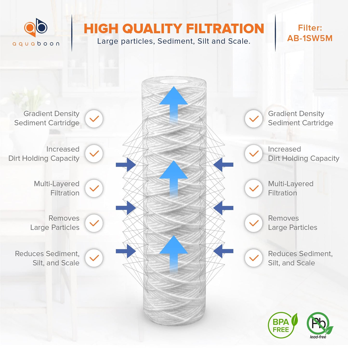 Aquaboon Whole House 5 Micron 10 x 2.5 String Wound Sediment Water Filter Cartridge Replacement Compatible with Well Water Filter WHKF-WHSW, 6-Pack
