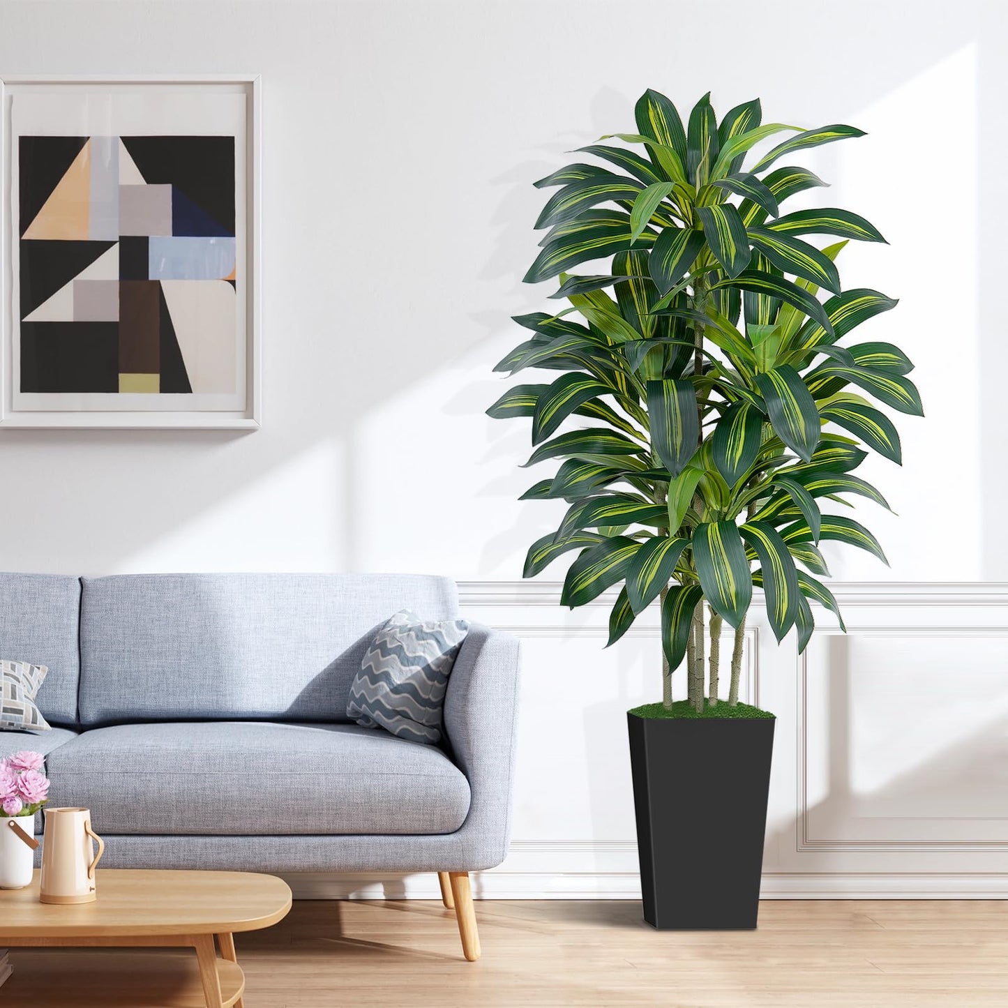 Keeplush 5FT Artificial Dracaena Tree - High-Density Foliage Fake Plant with Black Tall Planter - Faux Yucca Floor Plant for Home Office Decor Indoor
