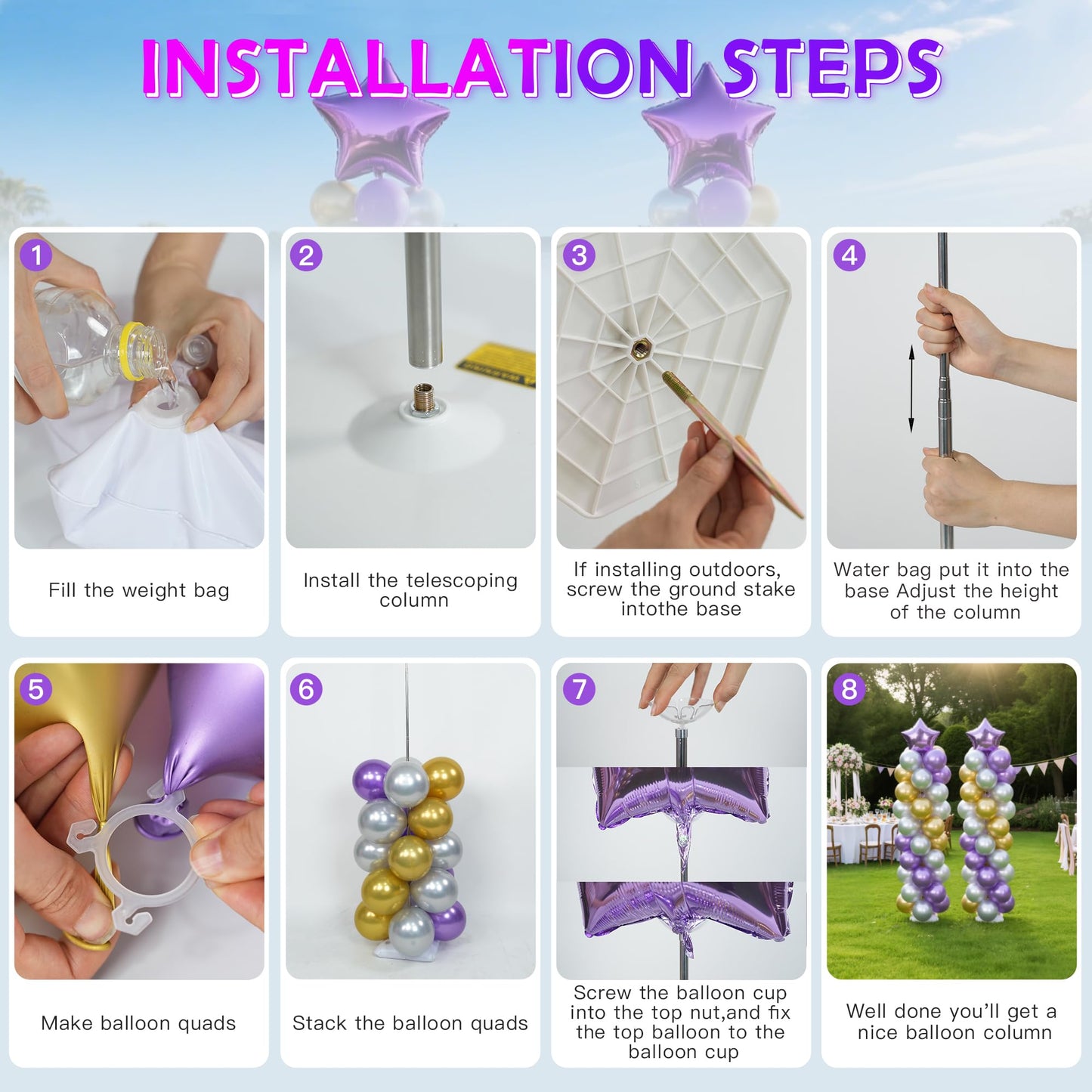 YALLOVE Balloon Column Stand Kit, Sets of 4 Telescoping Balloon Stand, Height Adjustable Balloon Tower Pillar with Reusable Metal Telescopic Design for Party Decoration